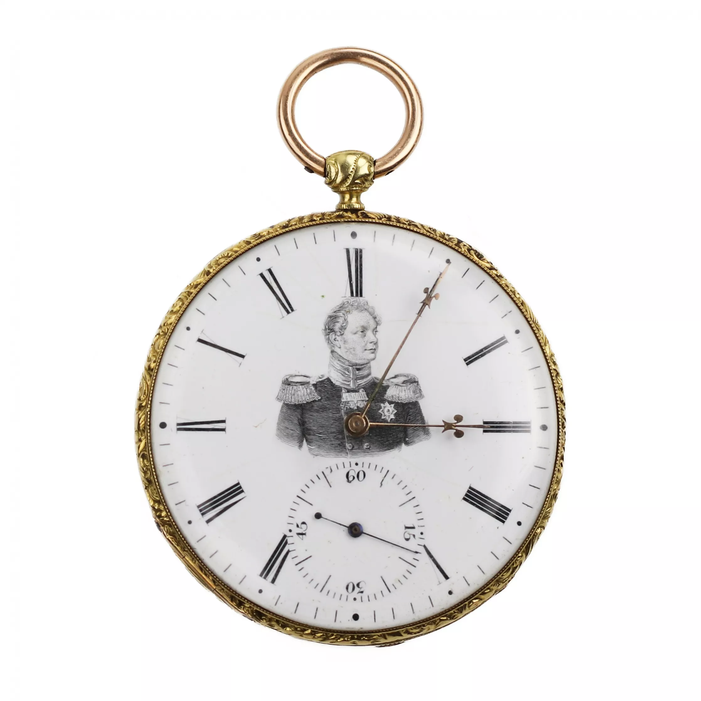 POCKET WATCH IN A GOLD CASE WITH A PORTRAIT OF EMPEROR ALEXANDER I. COURVOISIER FILS  SWITZERLAND, CHAUX-DE-FONDS, CIRCA 1815 - 1825