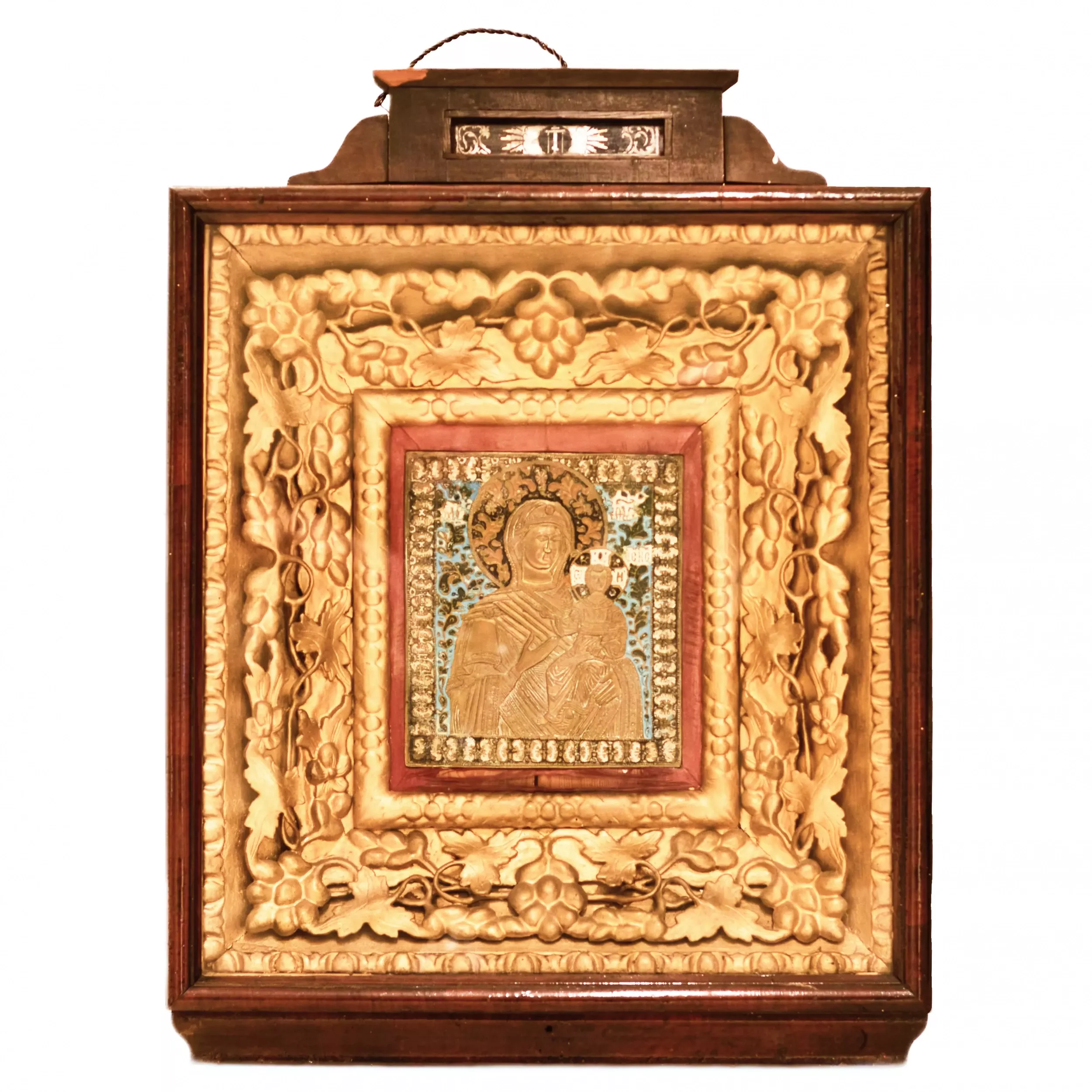 Large, copper-cast icon of the Smolensk Mother of God, with five enamels, in an icon case. Russia. 19th century. 