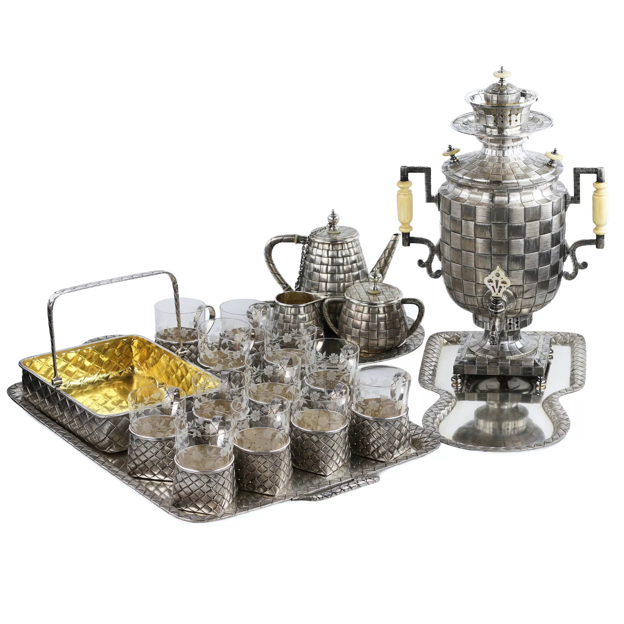 LARGE RUSSIAN SILVER TEA SERVICE “BAST” GRACHEV BROTHERS, ST PETERSBURG, 1883–1884
