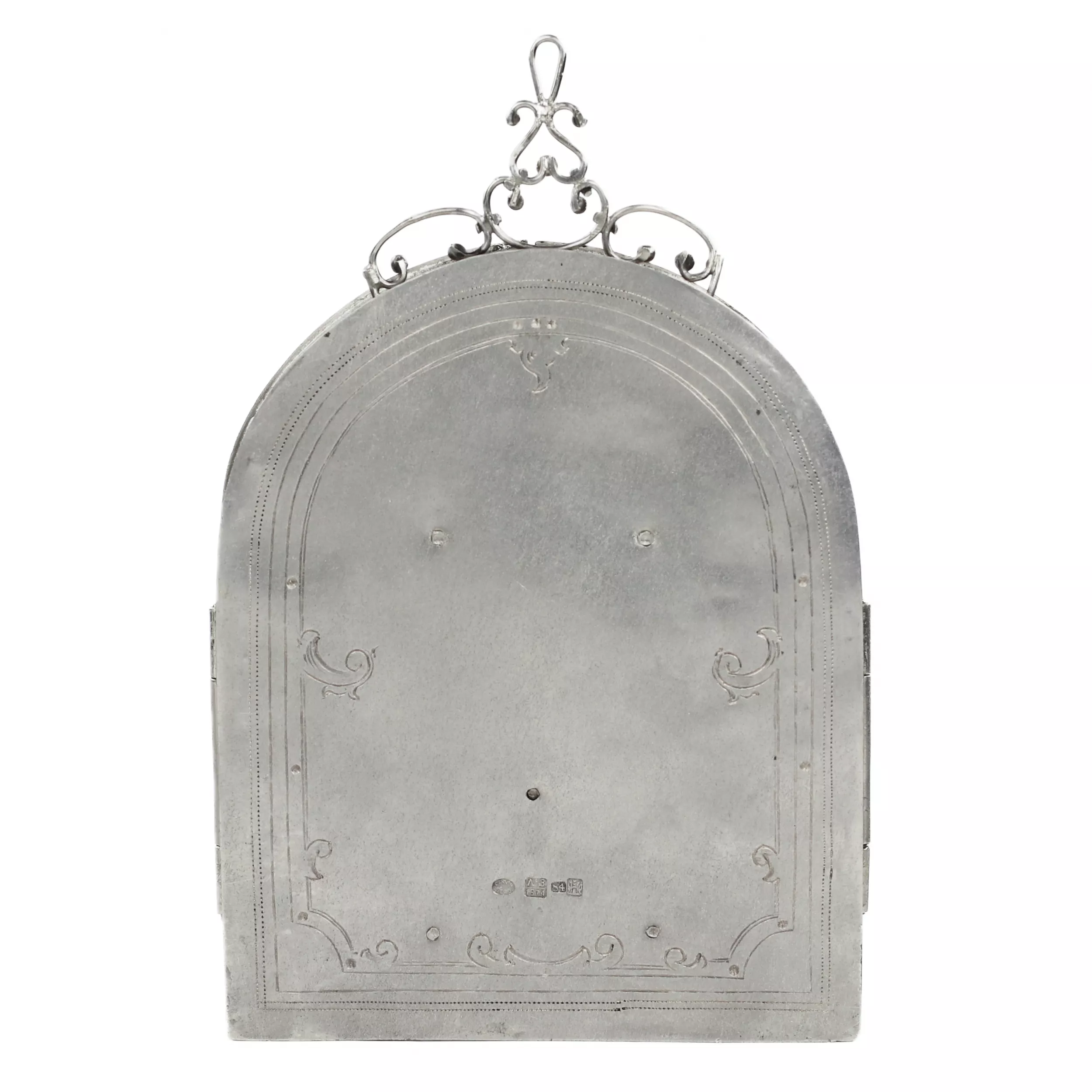 LAMPE DE HANOUCCA PLIANTE EN ARGENT DÉCORÉE DIMAGES DU PROPHÈTE MOÏSE ET DU GRAND PRÊTRE AARON. EMPIRE RUSSE, RIGA, EDUARD DANNENBERG, 1874