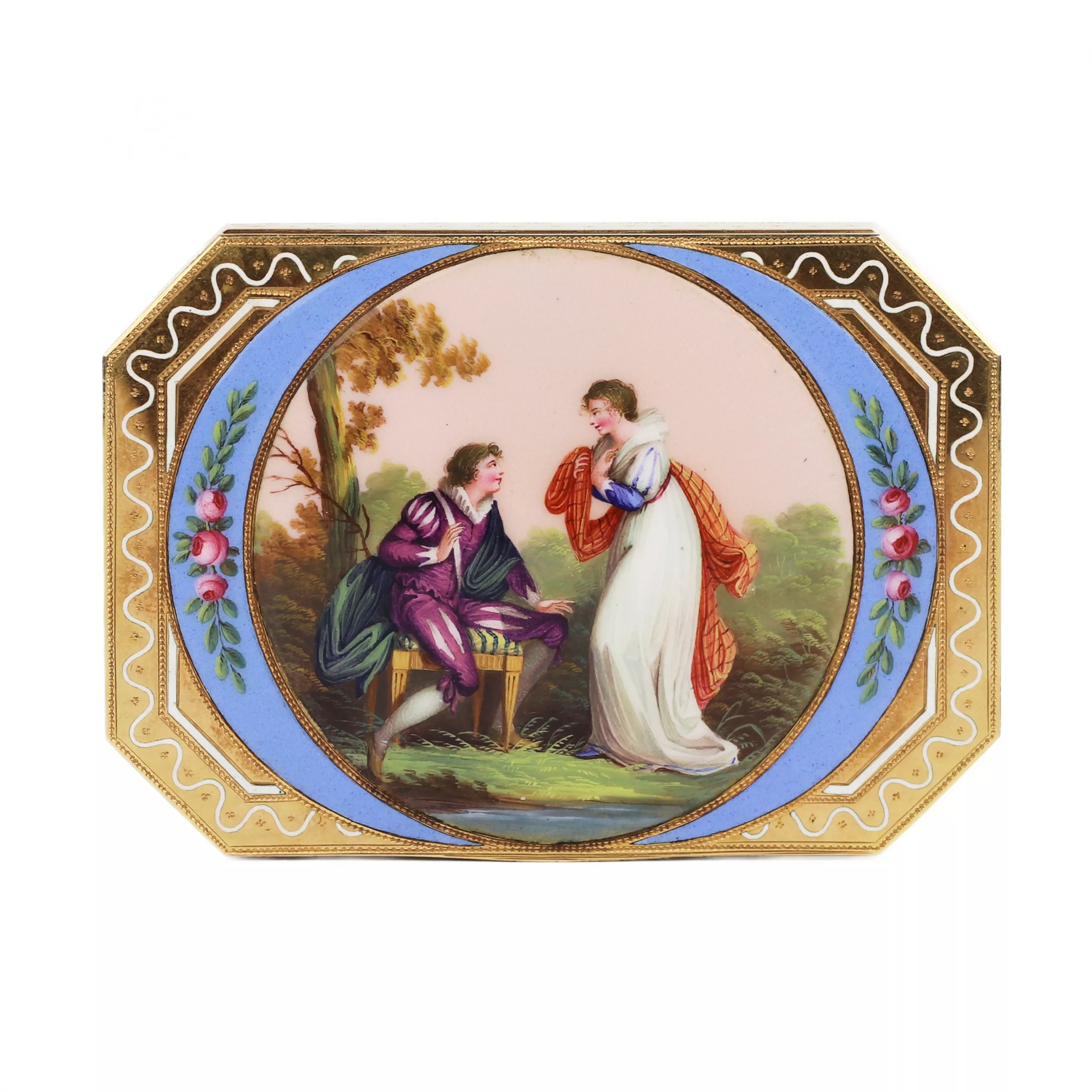 SWISS ENAMEL TOBACCO BOX IN 14K GOLD WITH MINIATURE, GENEVA, 19TH CENTURY