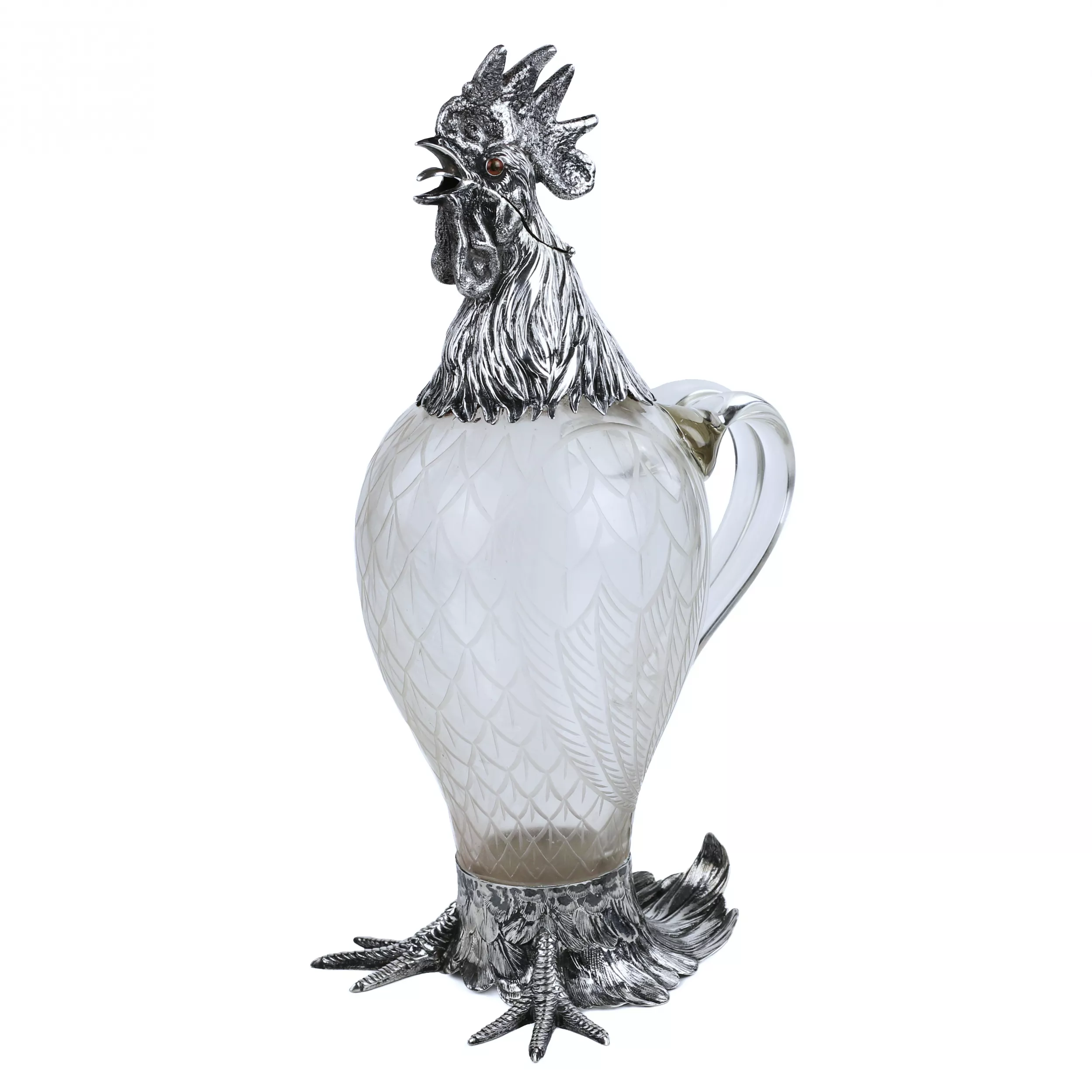 GLASS AND SILVER ROOSTER-FORM JUG. HANAU, J.D. SCHLEISSNER SÖHNE. LATE 19TH CENTURY