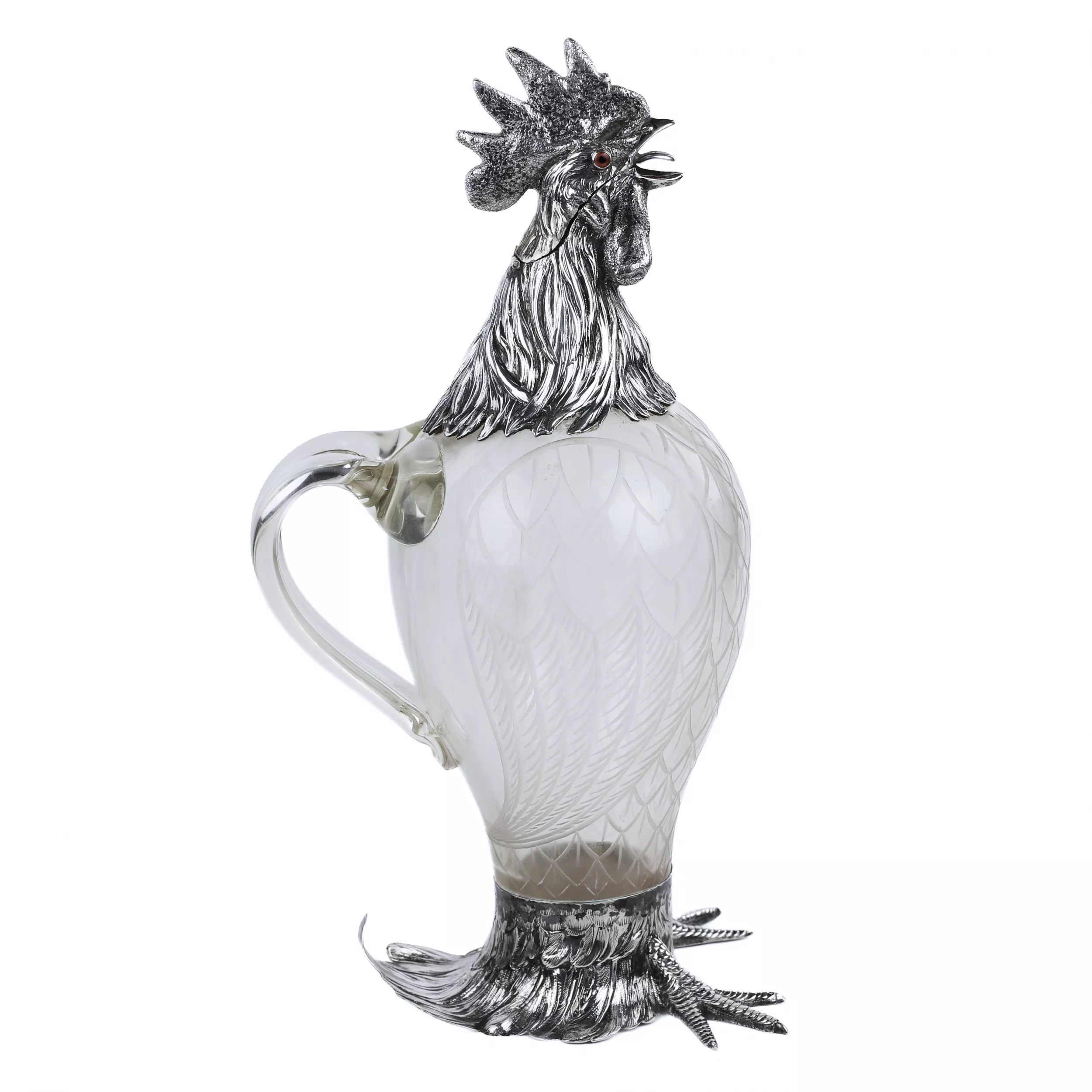 GLASS AND SILVER ROOSTER-FORM JUG. HANAU, J.D. SCHLEISSNER SÖHNE. LATE 19TH CENTURY