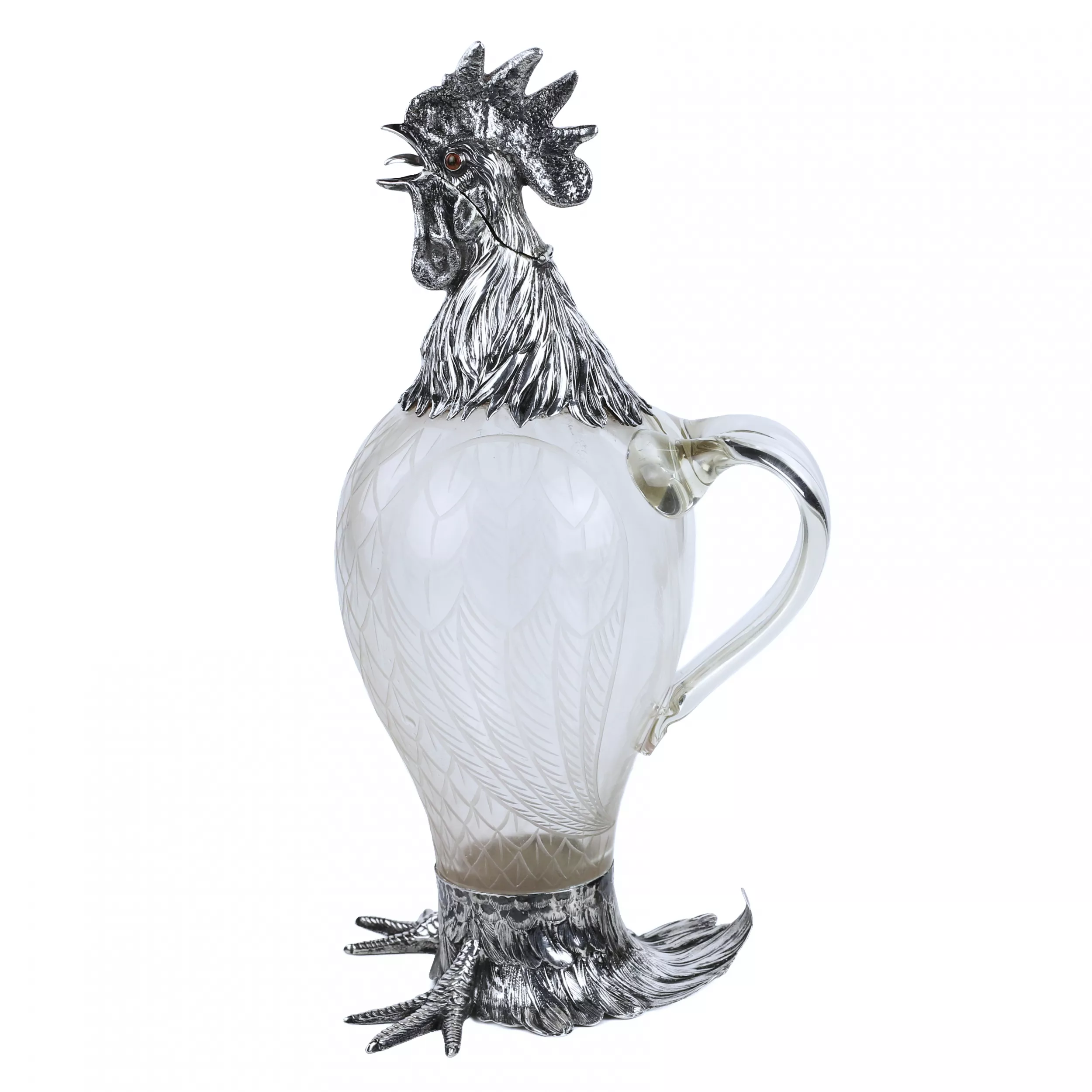 GLASS AND SILVER ROOSTER-FORM JUG. HANAU, J.D. SCHLEISSNER SÖHNE. LATE 19TH CENTURY