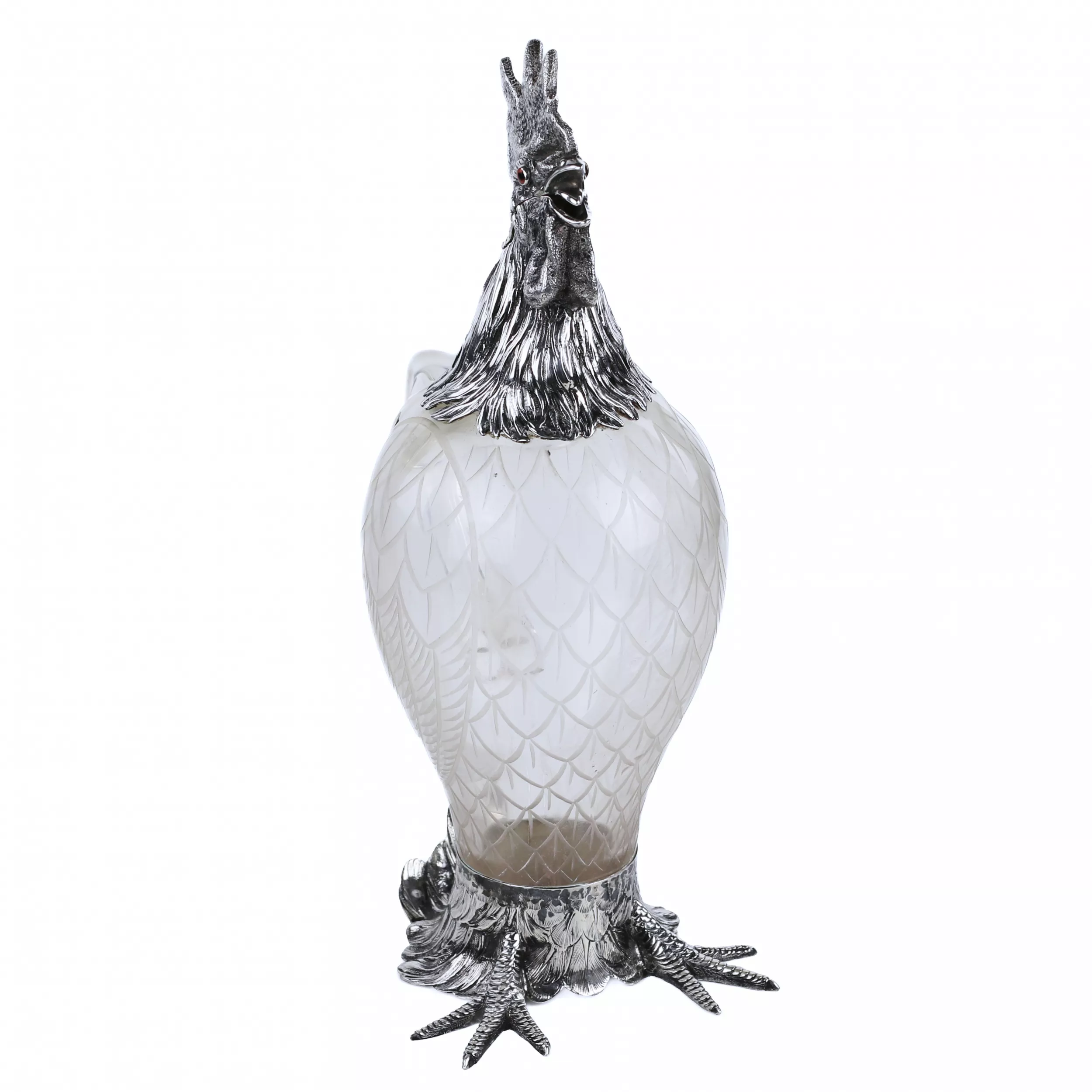 GLASS AND SILVER ROOSTER-FORM JUG. HANAU, J.D. SCHLEISSNER SÖHNE. LATE 19TH CENTURY