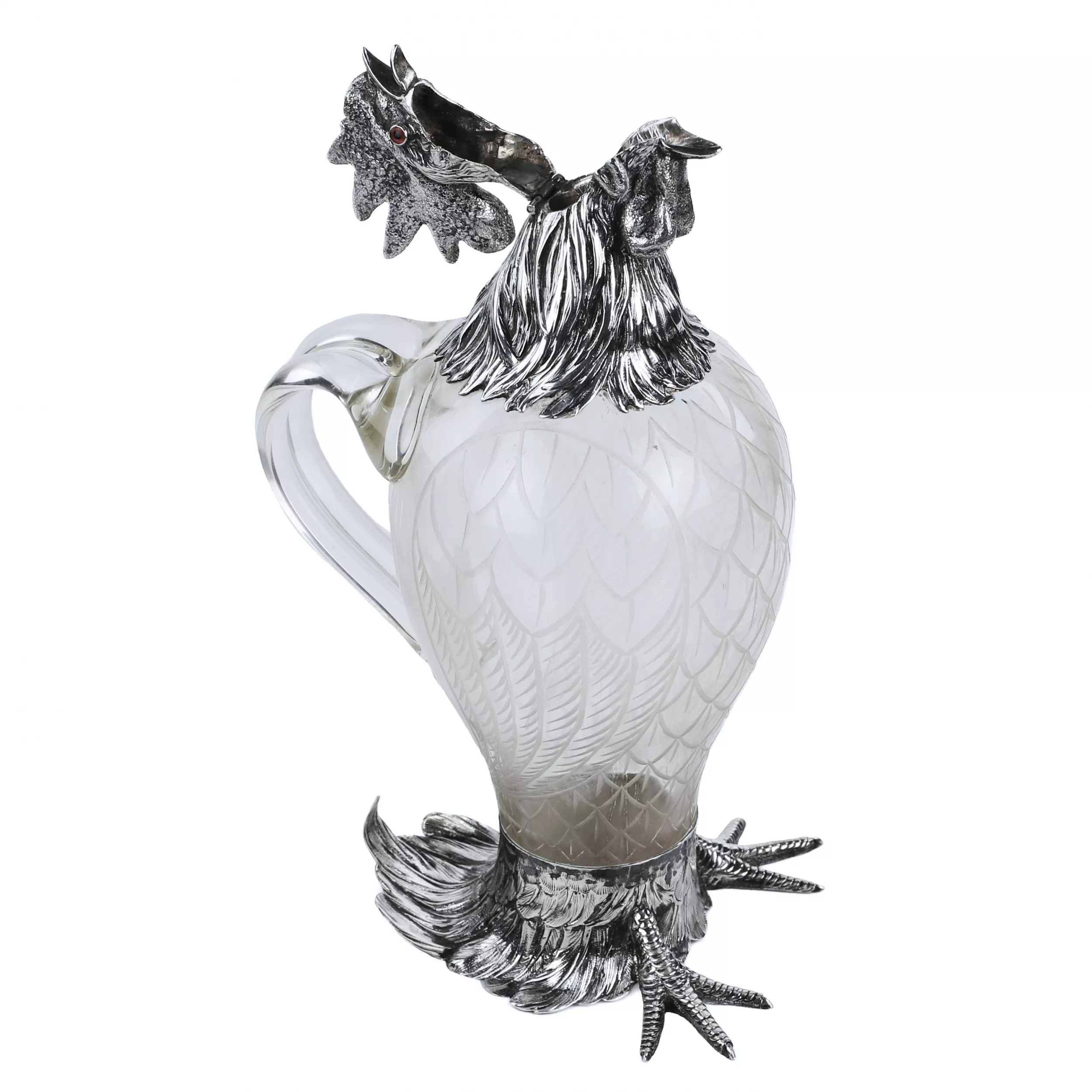 GLASS AND SILVER ROOSTER-FORM JUG. HANAU, J.D. SCHLEISSNER SÖHNE. LATE 19TH CENTURY