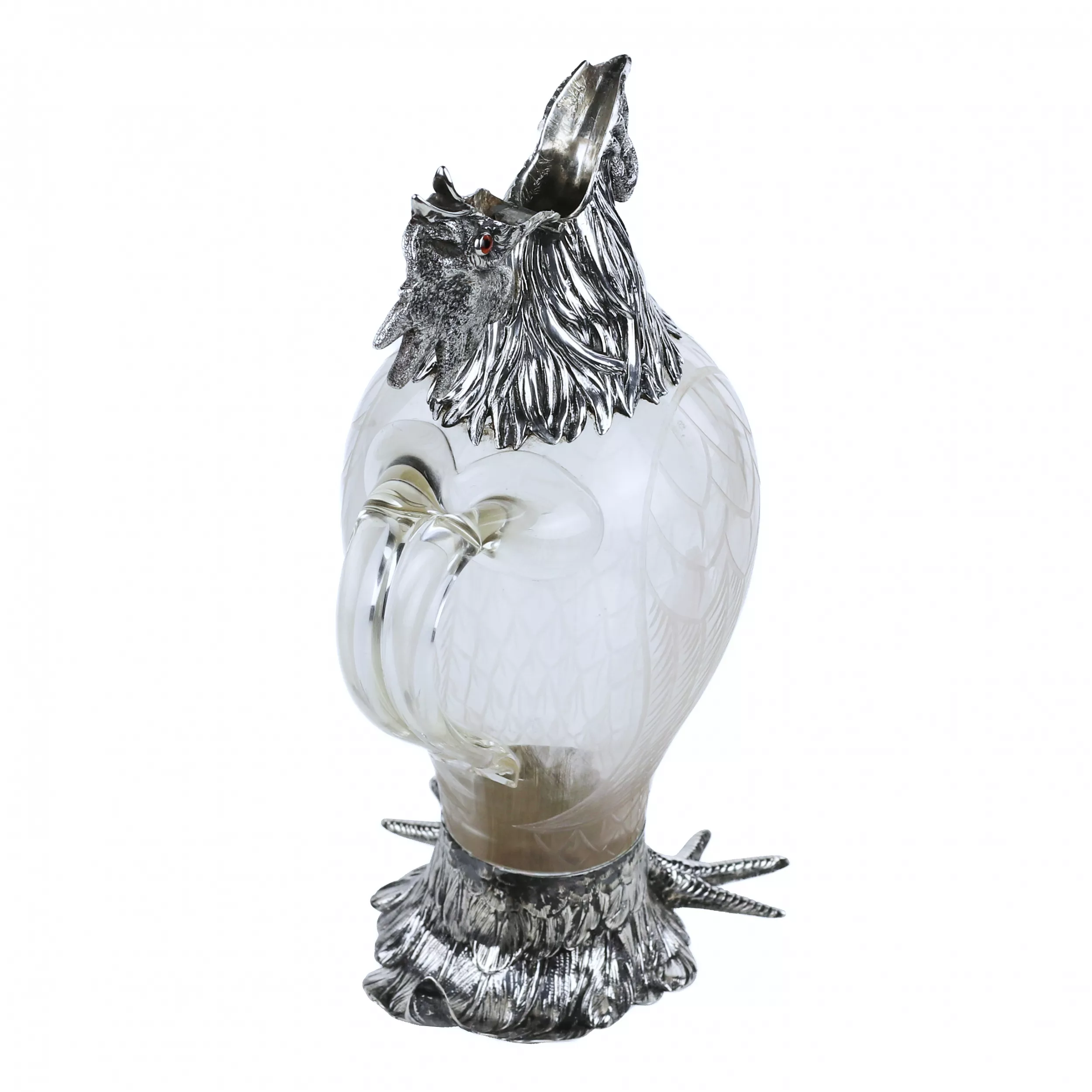GLASS AND SILVER ROOSTER-FORM JUG. HANAU, J.D. SCHLEISSNER SÖHNE. LATE 19TH CENTURY