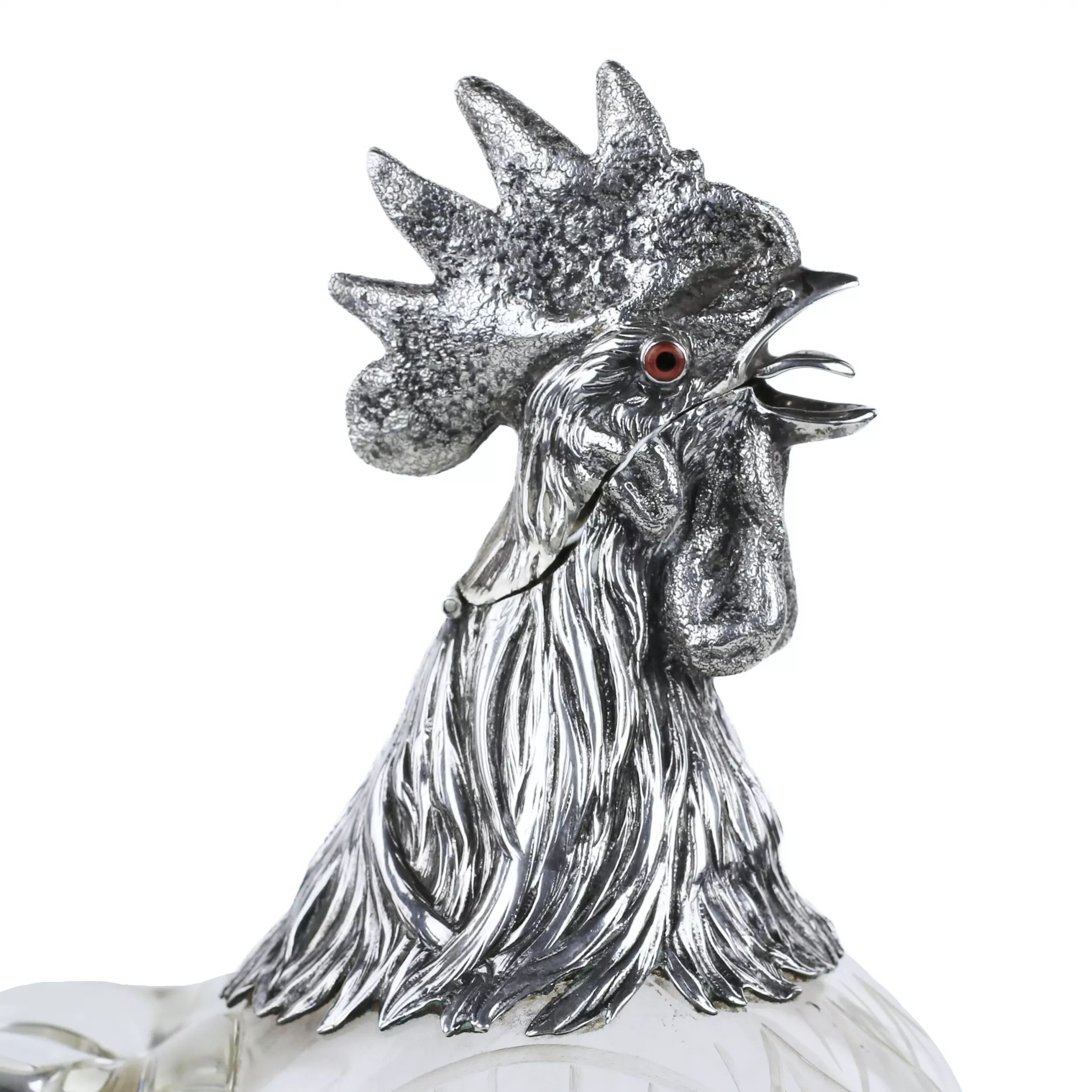 GLASS AND SILVER ROOSTER-FORM JUG. HANAU, J.D. SCHLEISSNER SÖHNE. LATE 19TH CENTURY