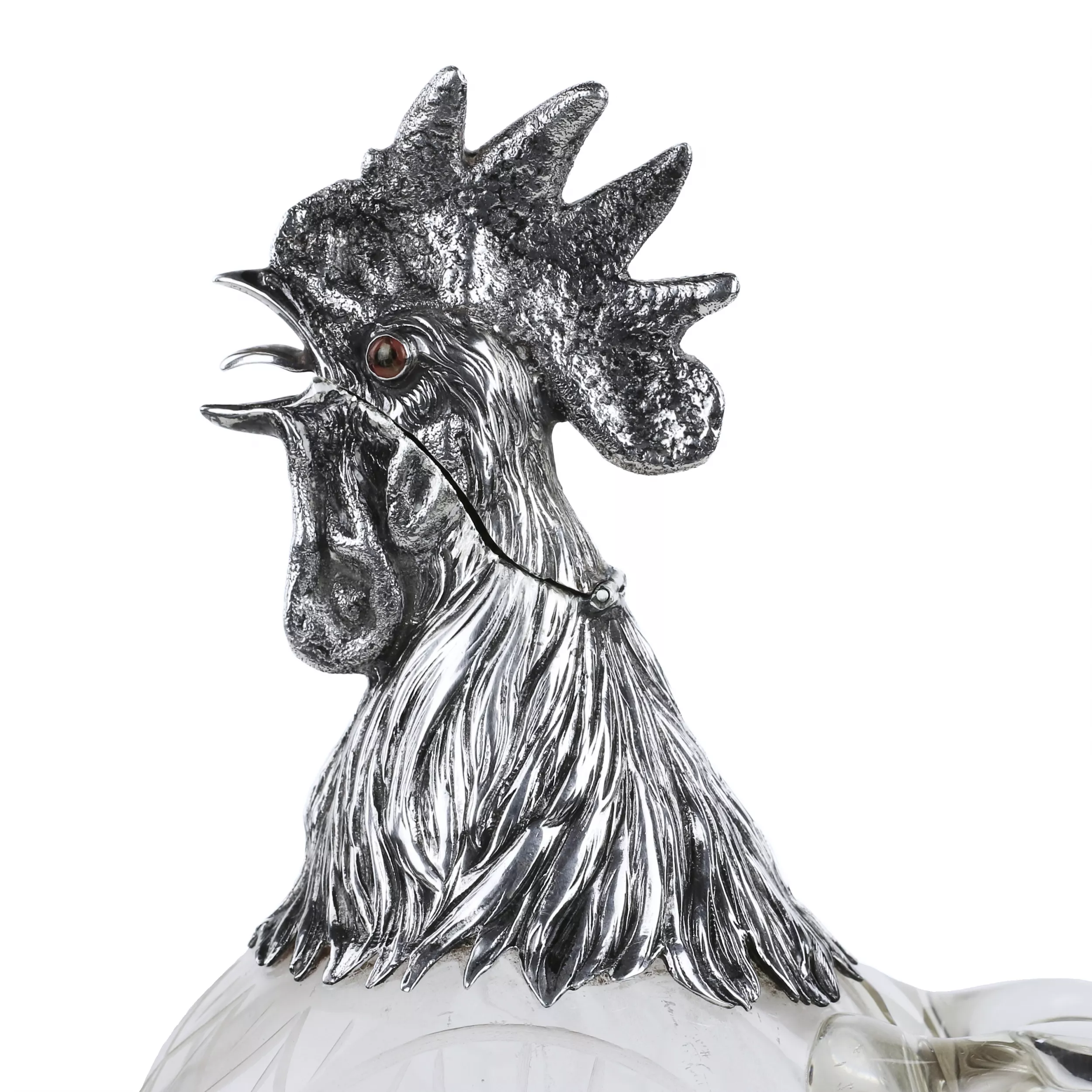 GLASS AND SILVER ROOSTER-FORM JUG. HANAU, J.D. SCHLEISSNER SÖHNE. LATE 19TH CENTURY