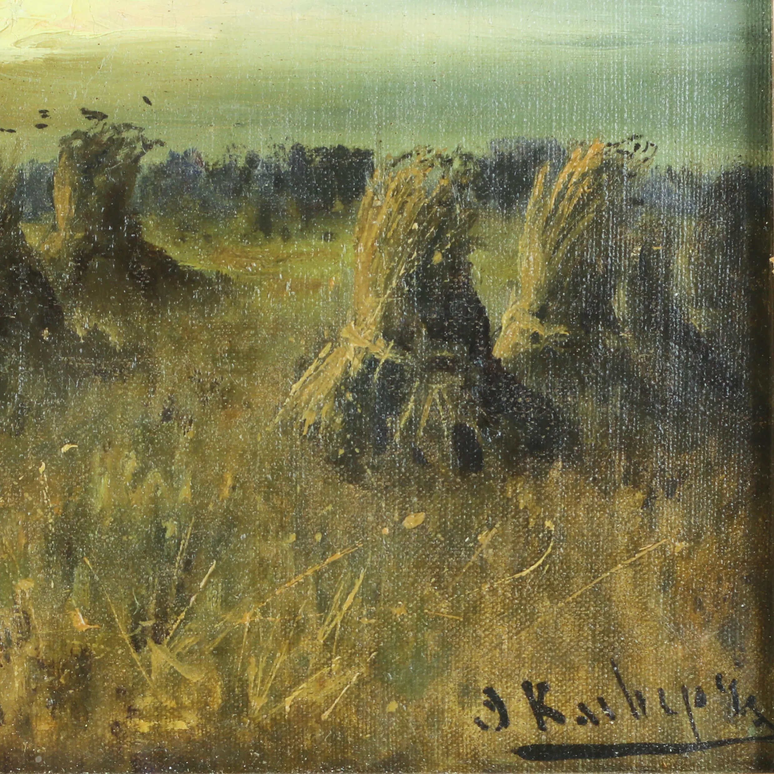 PAYSAGE AVEC MEULES DE FOIN AU COUCHER DU SOLEIL. J. KLEVER. RUSSIE, FIN DU XIXe SIÈCLE