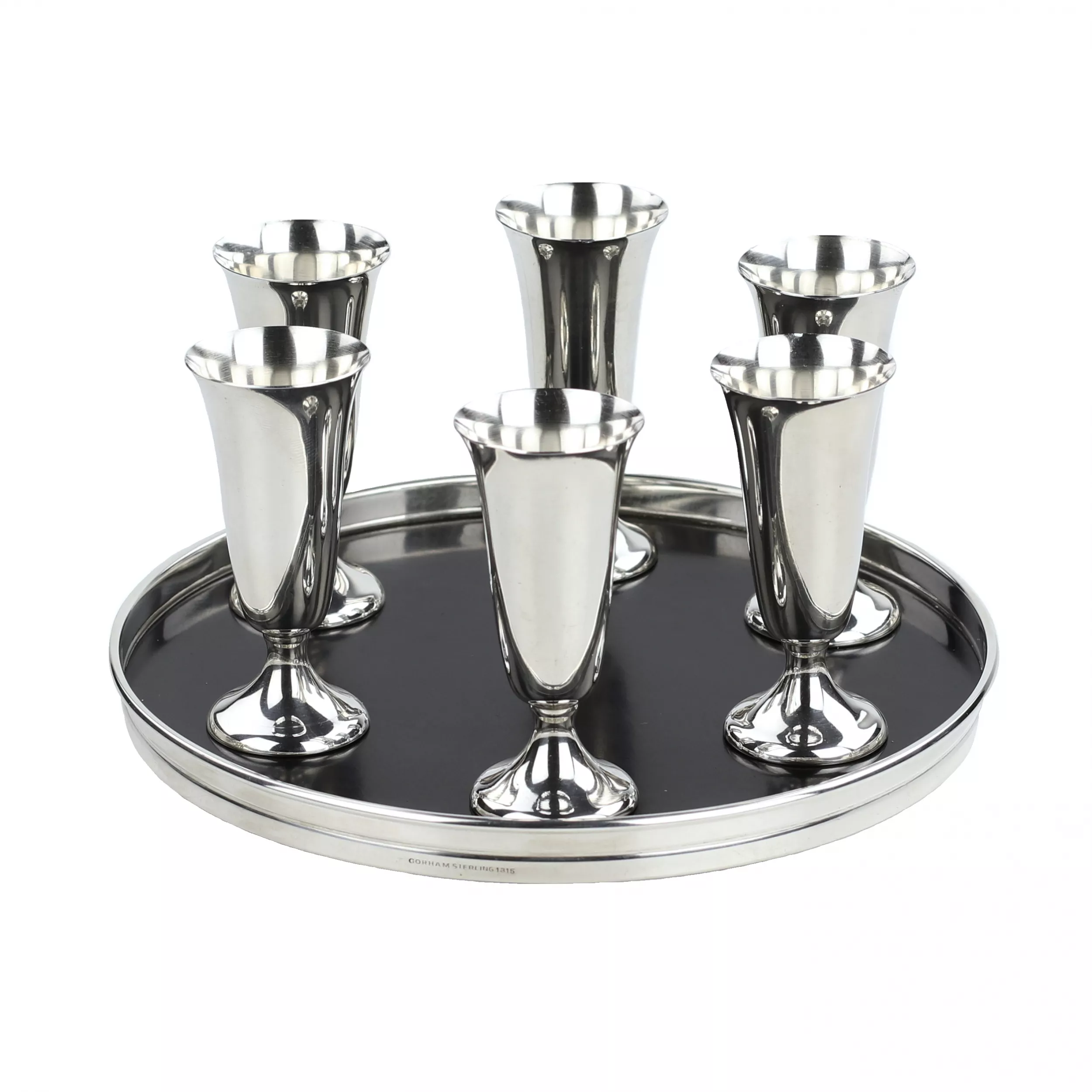 SERVICE EN ARGENT DE 6 VERRINES SUR PLATEAU. GORHAM STERLING. ÉTATS-UNIS, XXe SIÈCLE