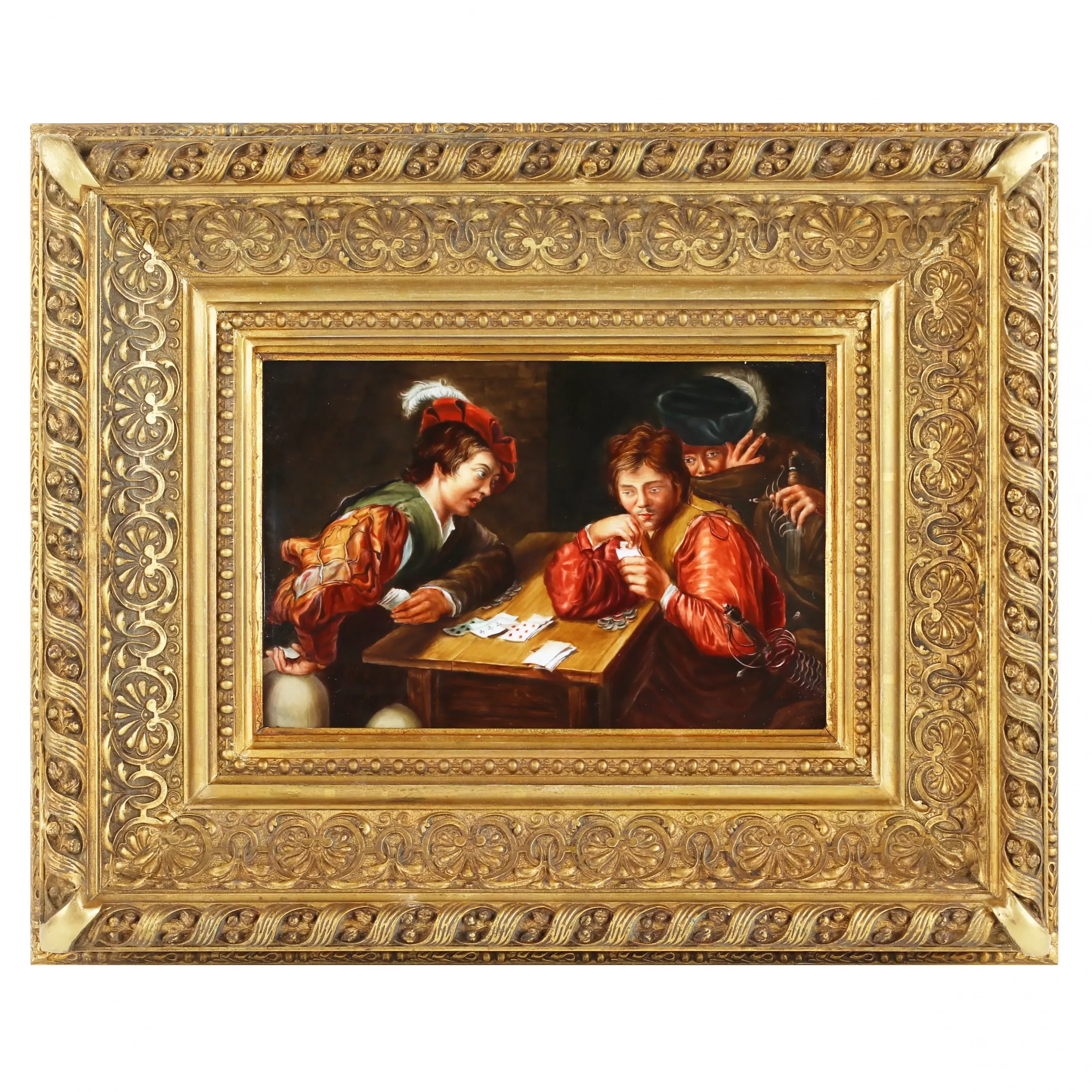 PORCELAIN PLAQUE WITH A GENRE SCENE “CARD SHARPS” KPM, BERLIN, TURN OF THE 19TH–20TH CENTURIES