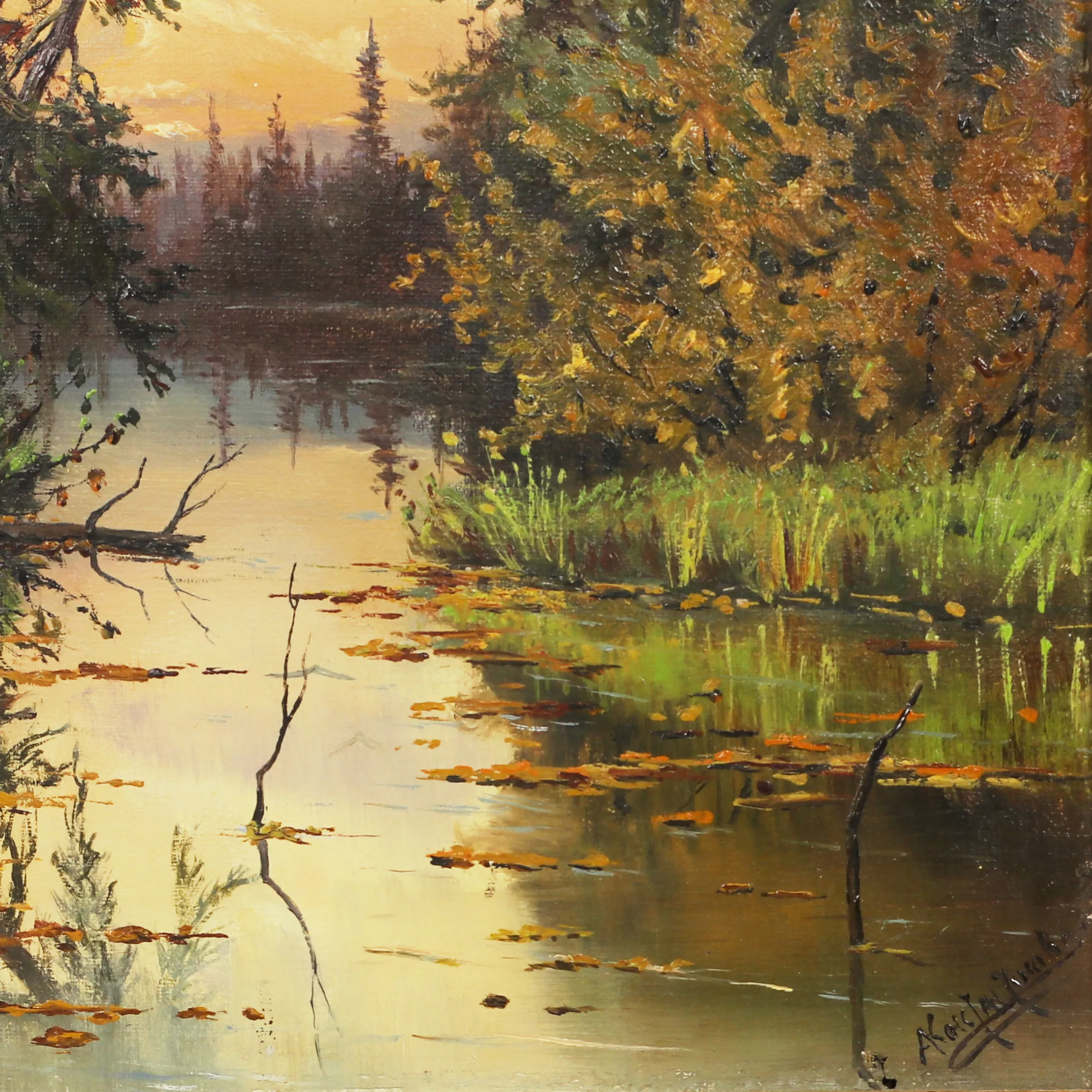 LANDSCAPE WITH A POND IN EVENING LIGHT. A. KONSTANTINOVA RUSSIA, SECOND HALF OF THE 19TH CENTURY