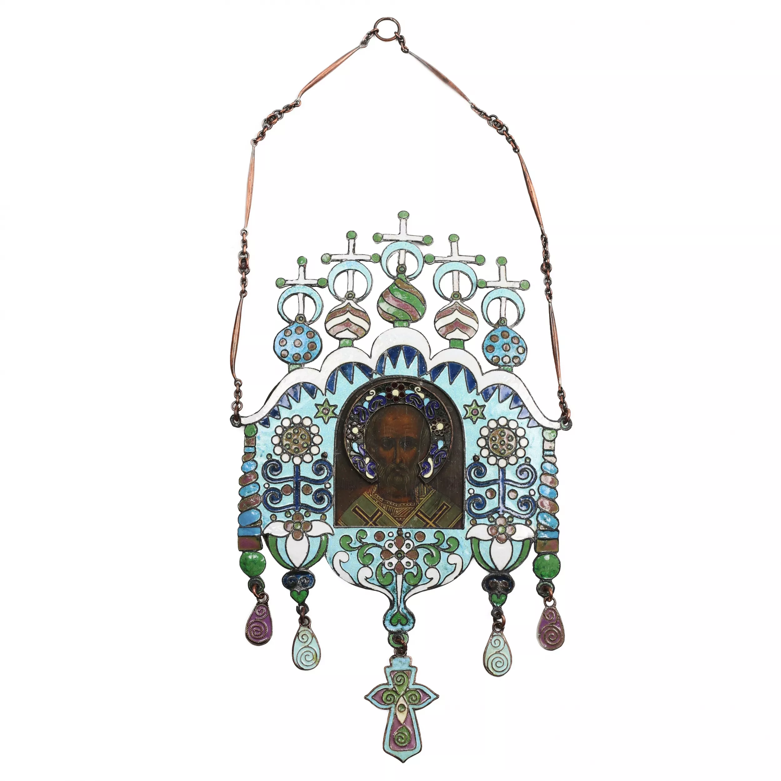 ICON OF SAINT NICHOLAS THE WONDERWORKER IN CLOISONNÉ ENAMEL OKLAD, ART NOUVEAU STYLE. EARLY 20TH CENTURY