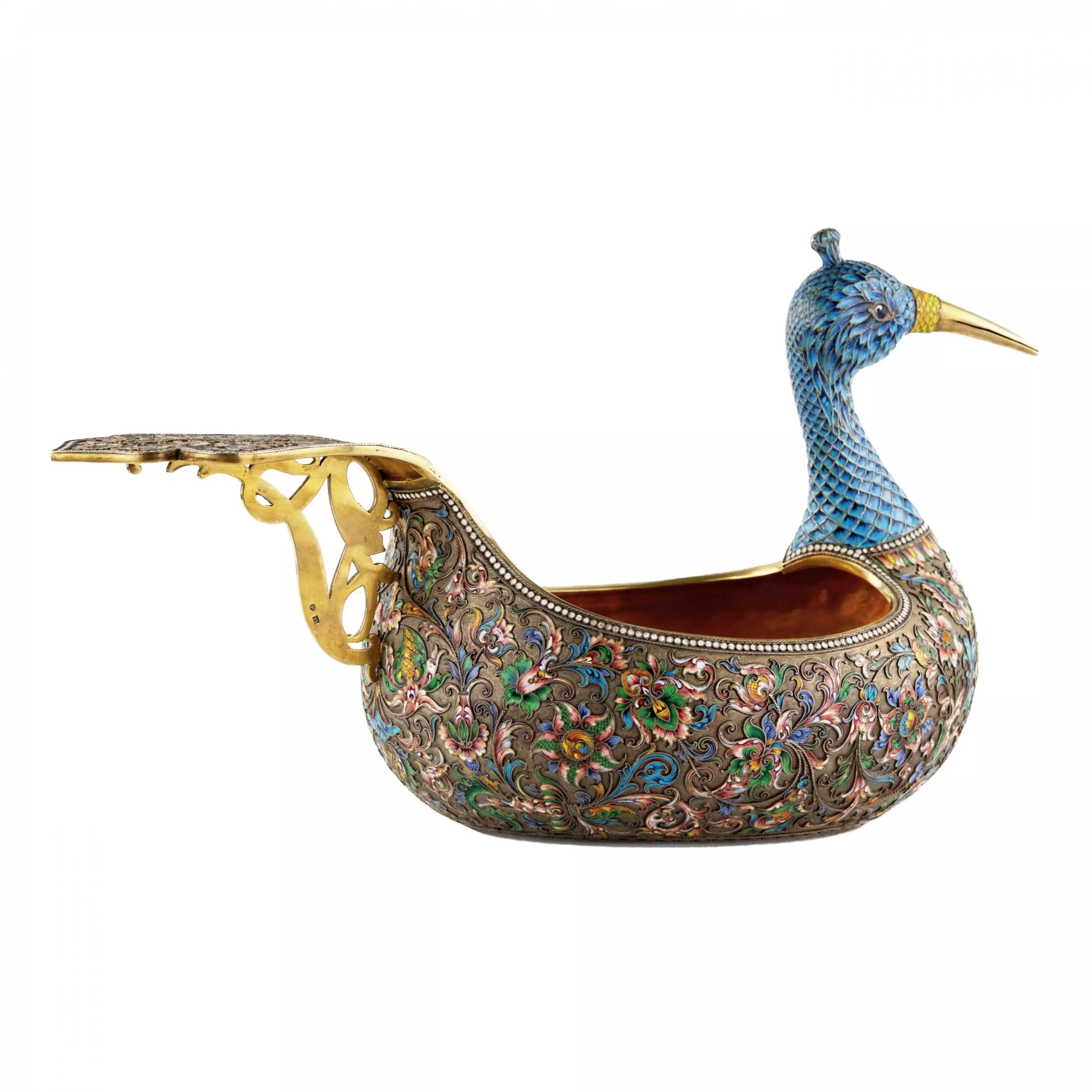 LARGE SILVER KOVSH IN THE RUSSIAN STYLE WITH CLOISONNÉ ENAMEL RUSSIA, MOSCOW, EARLY 20TH CENTURY