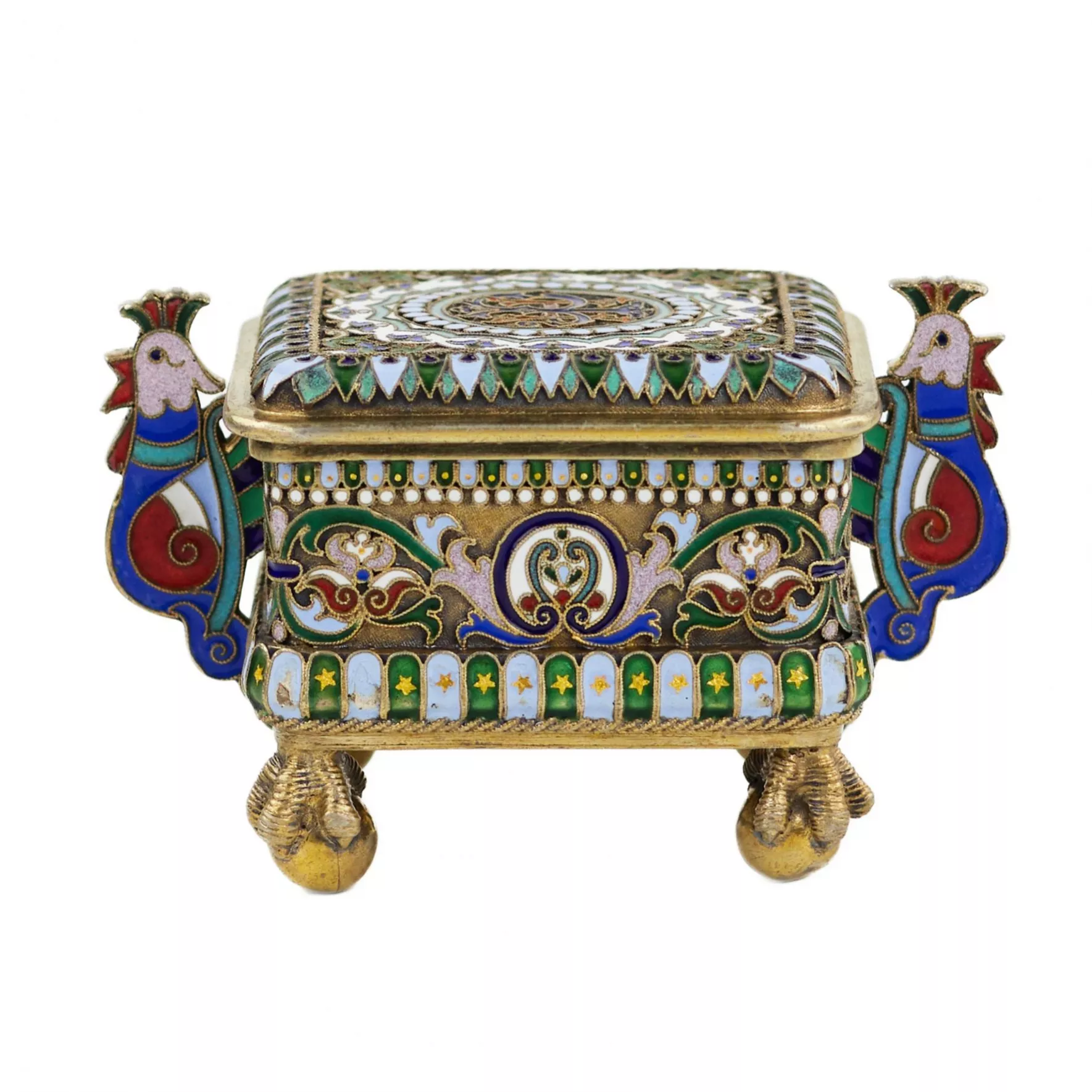 RUSSIAN SILVER BOX WITH CLOISONNÉ ENAMEL IN THE FORM OF ROOSTERS PAVEL OVCHINNIKOV FIRM, MOSCOW, 1882