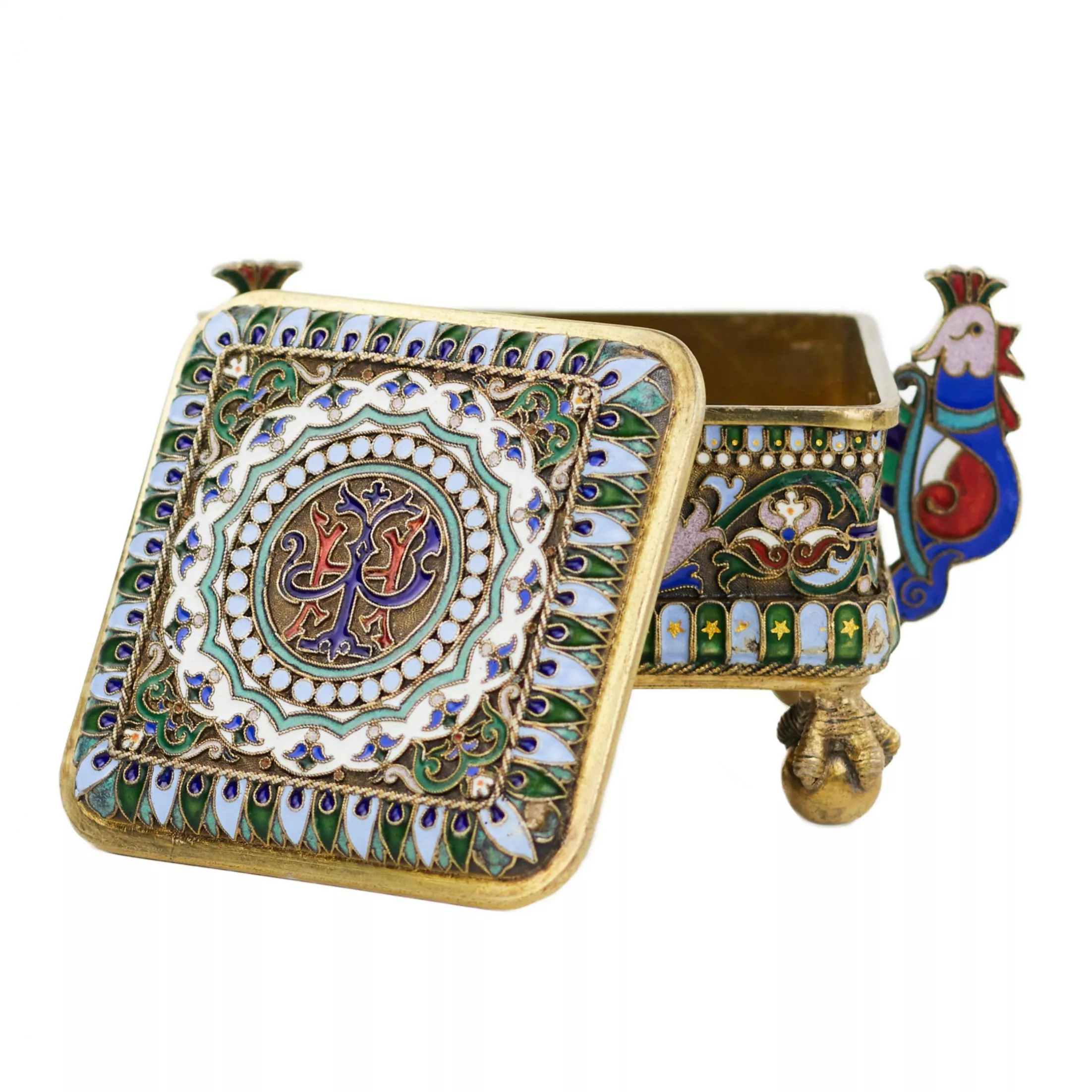 RUSSIAN SILVER BOX WITH CLOISONNÉ ENAMEL IN THE FORM OF ROOSTERS PAVEL OVCHINNIKOV FIRM, MOSCOW, 1882