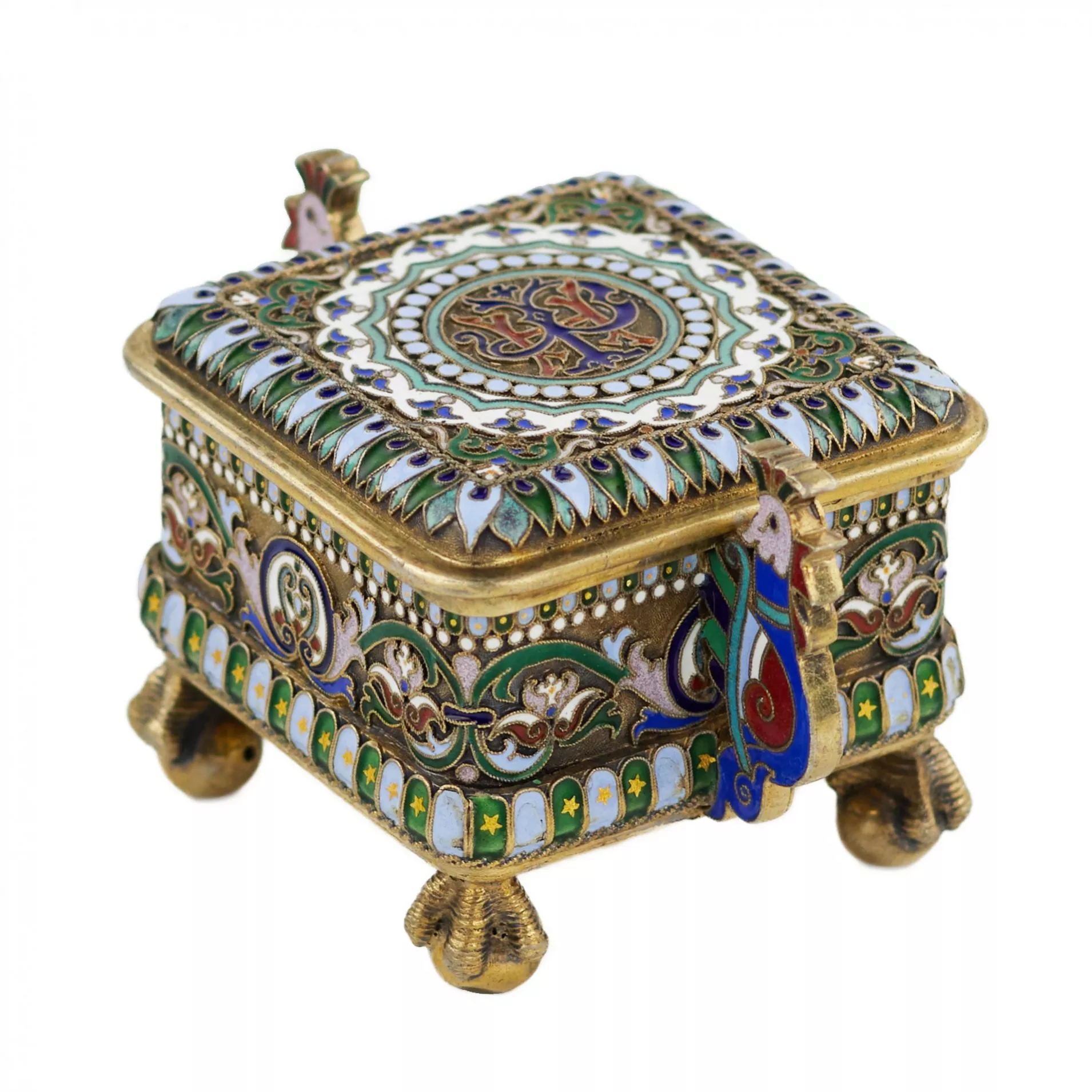 RUSSIAN SILVER BOX WITH CLOISONNÉ ENAMEL IN THE FORM OF ROOSTERS PAVEL OVCHINNIKOV FIRM, MOSCOW, 1882