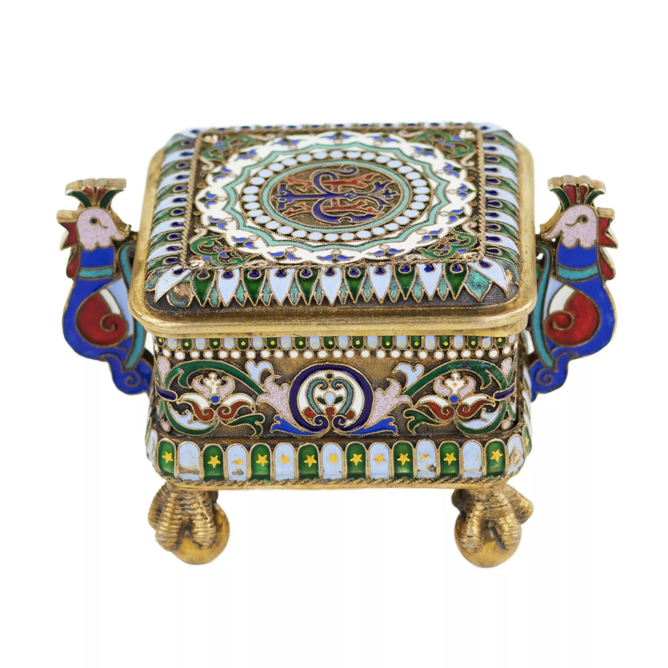 RUSSIAN SILVER BOX WITH CLOISONNÉ ENAMEL IN THE FORM OF ROOSTERS PAVEL OVCHINNIKOV FIRM, MOSCOW, 1882