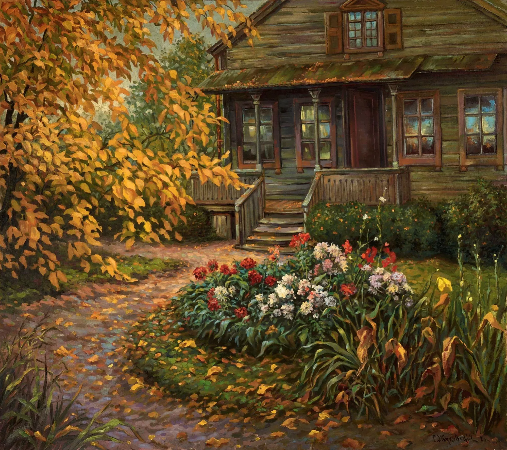 DACHA AVEC JARDIN EN FLEURS STANISLAV ZHOUKOVSKI. 1921