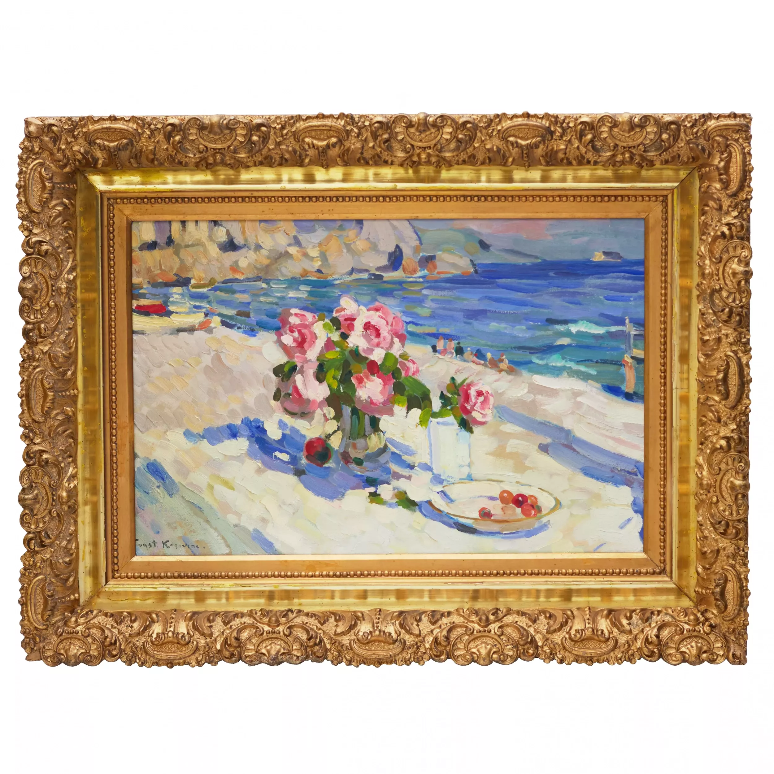 KONSTANTIN KOROVINE (1861–1939). NATURE MORTE SUR FOND DE PAYSAGE RUSSIE / FRANCE, ANNÉES 1930