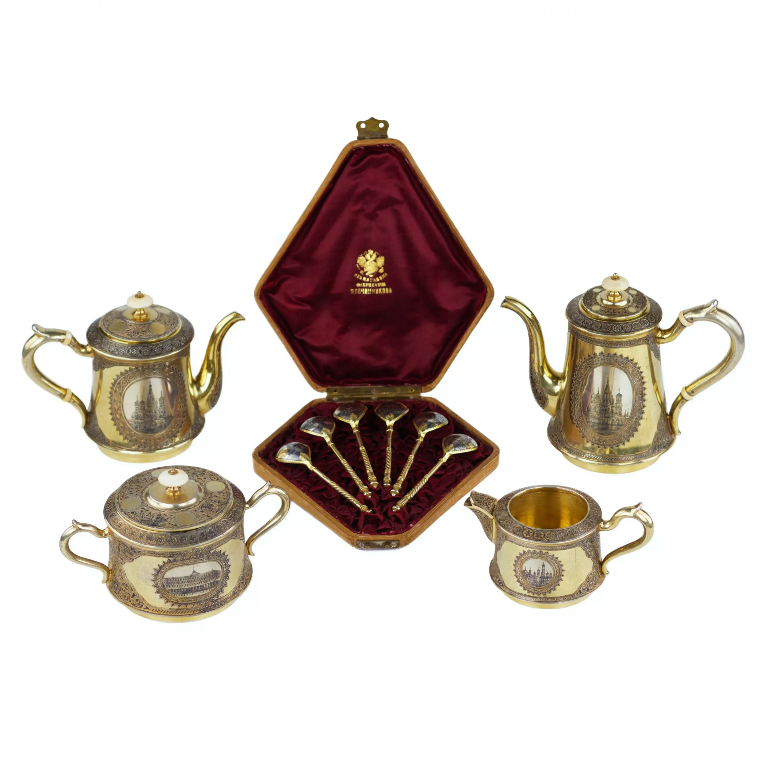 TEA AND COFFEE SET BY P. OVCHINNIKOV MOSCOW, LATE 19TH CENTURY