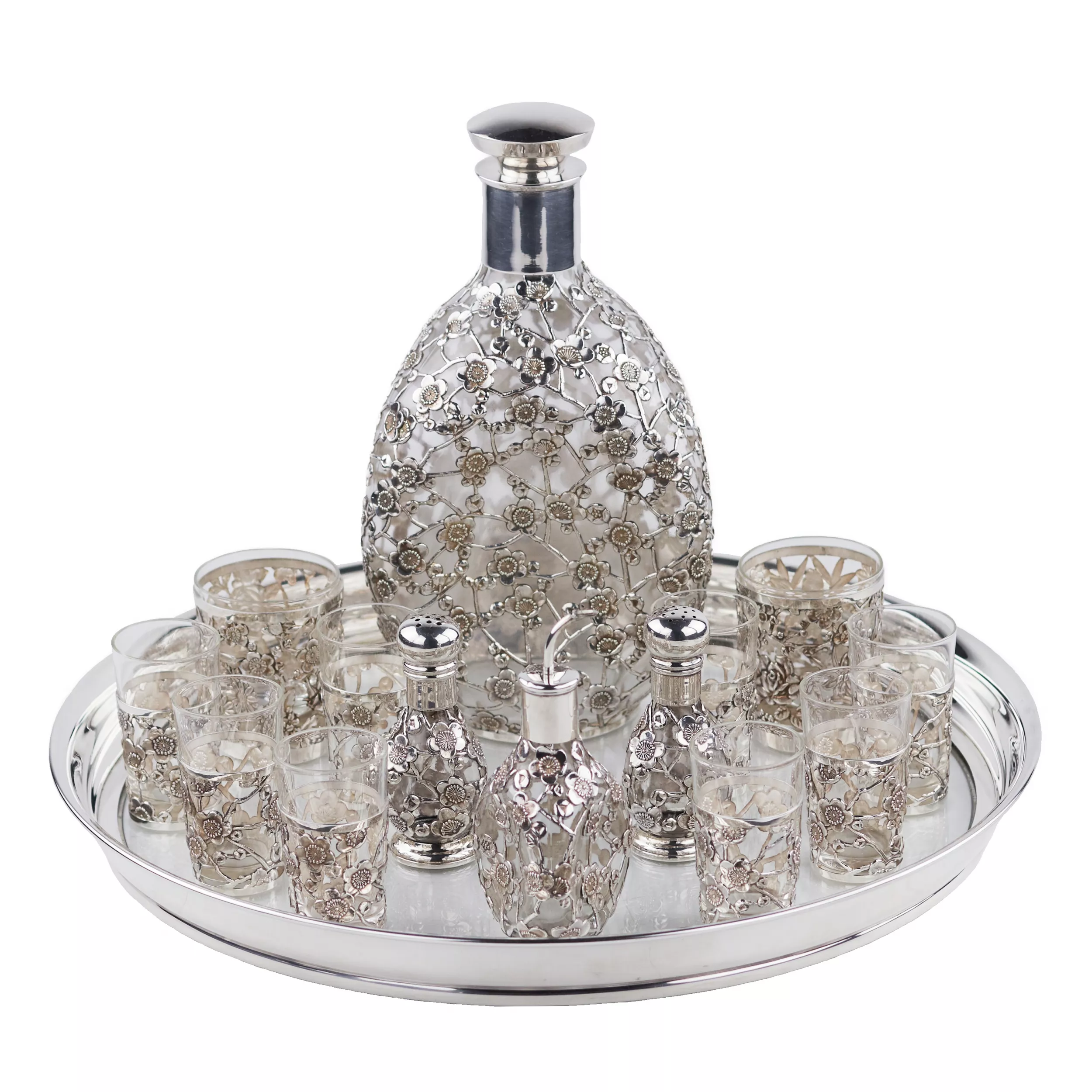 LIQUEUR SET WITH PIERCED STERLING SILVER OVERLAY  JAPAN, MID–20TH CENTURY
