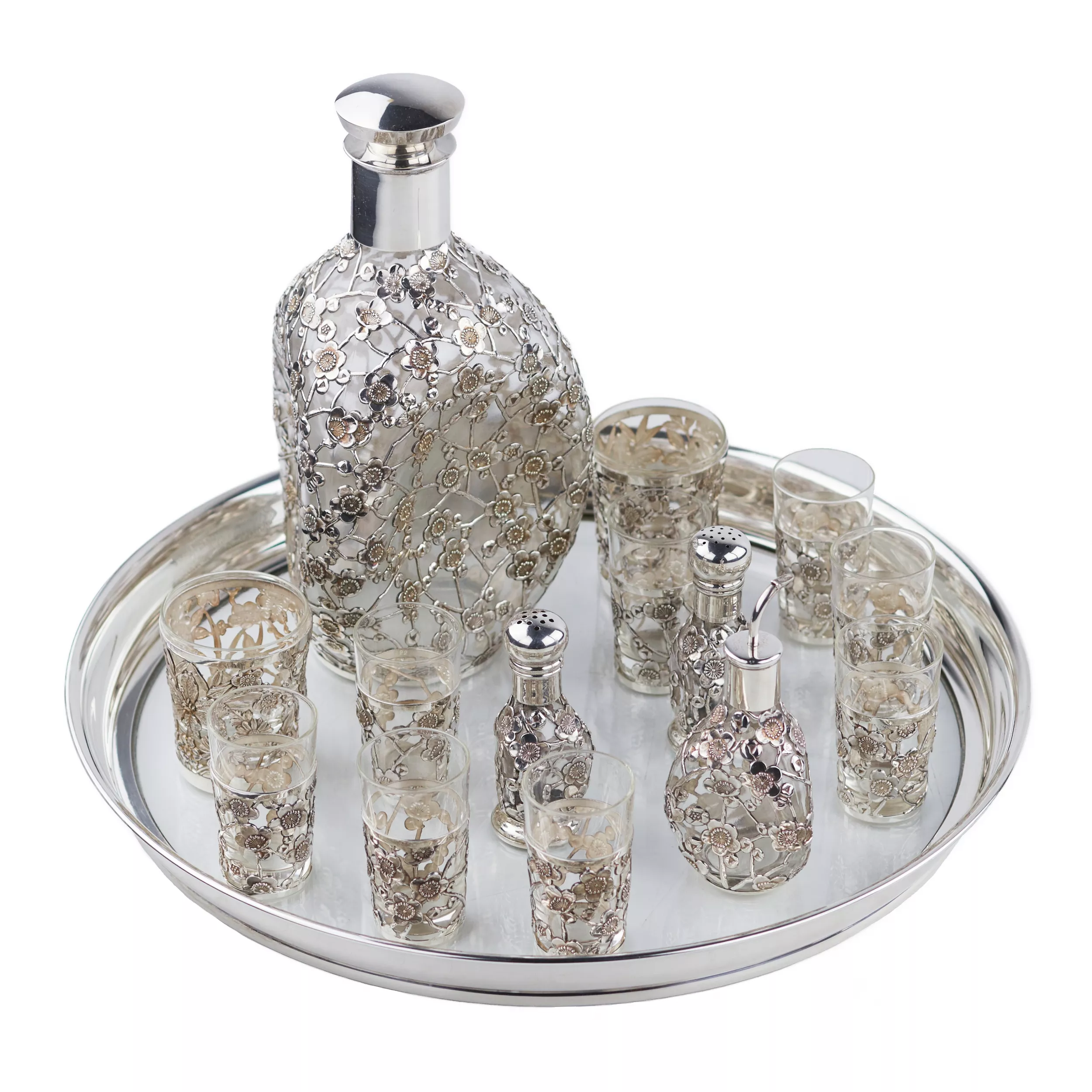 LIQUEUR SET WITH PIERCED STERLING SILVER OVERLAY  JAPAN, MID–20TH CENTURY