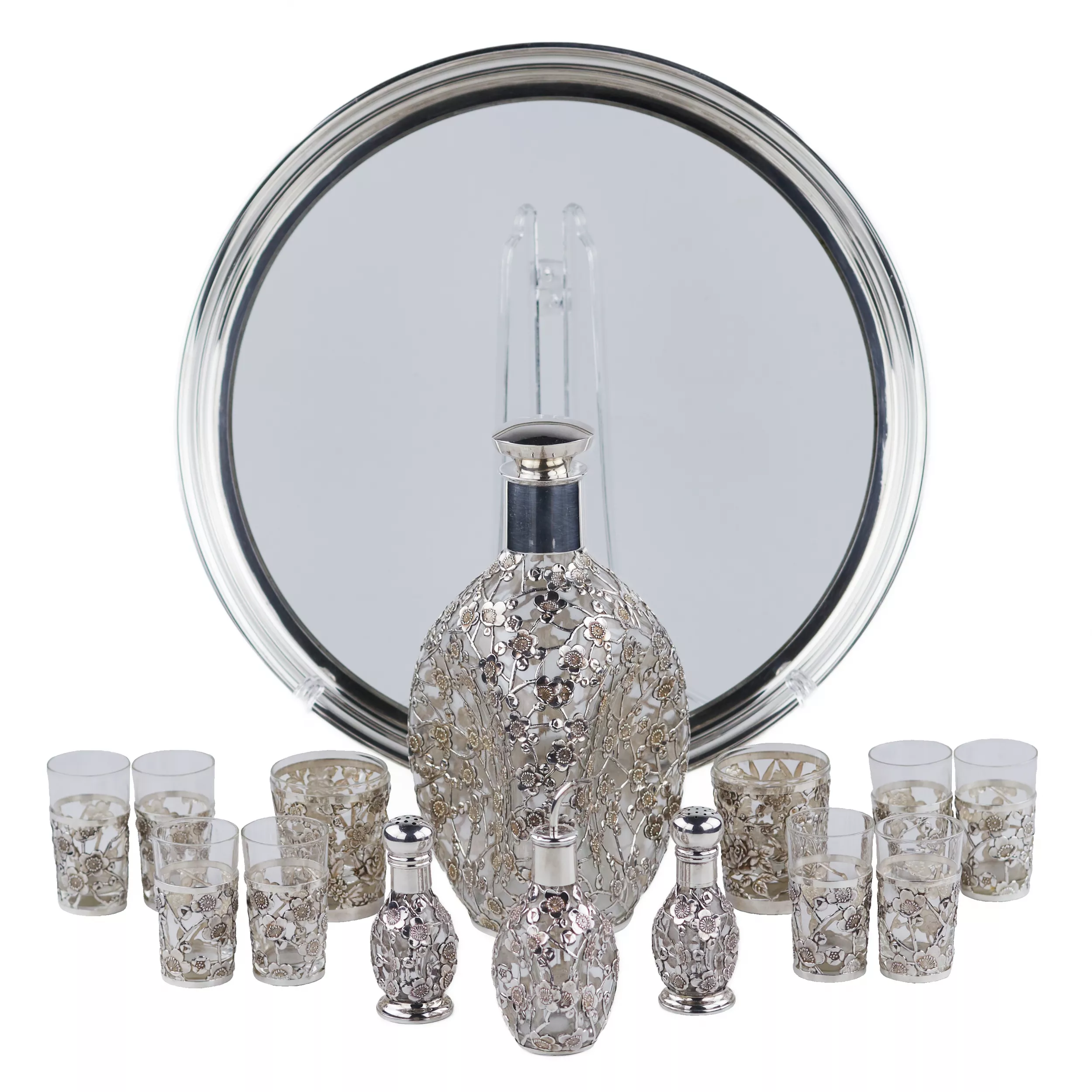 LIQUEUR SET WITH PIERCED STERLING SILVER OVERLAY  JAPAN, MID–20TH CENTURY