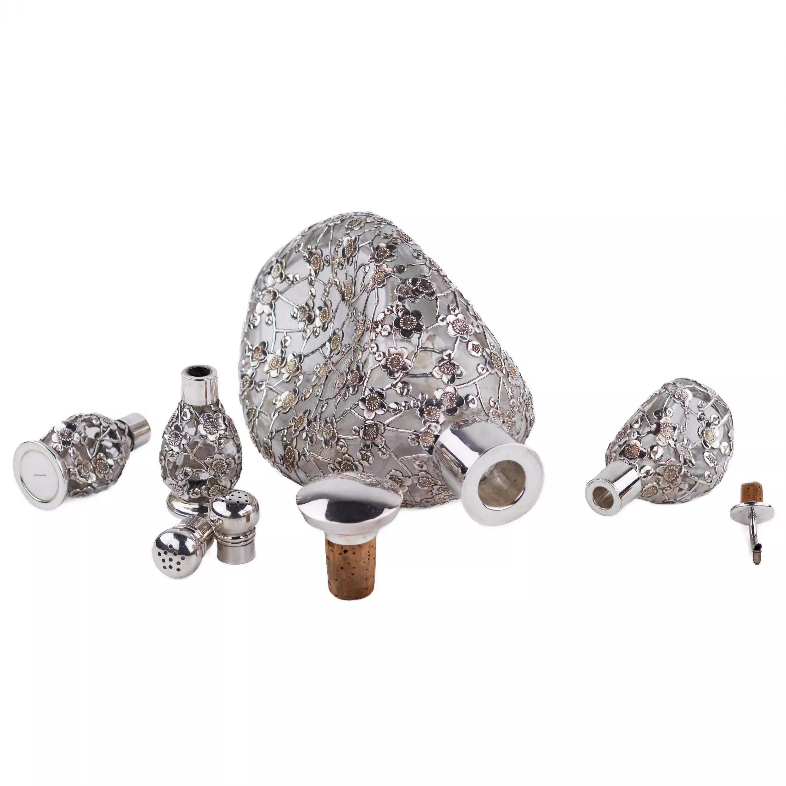 LIQUEUR SET WITH PIERCED STERLING SILVER OVERLAY  JAPAN, MID–20TH CENTURY