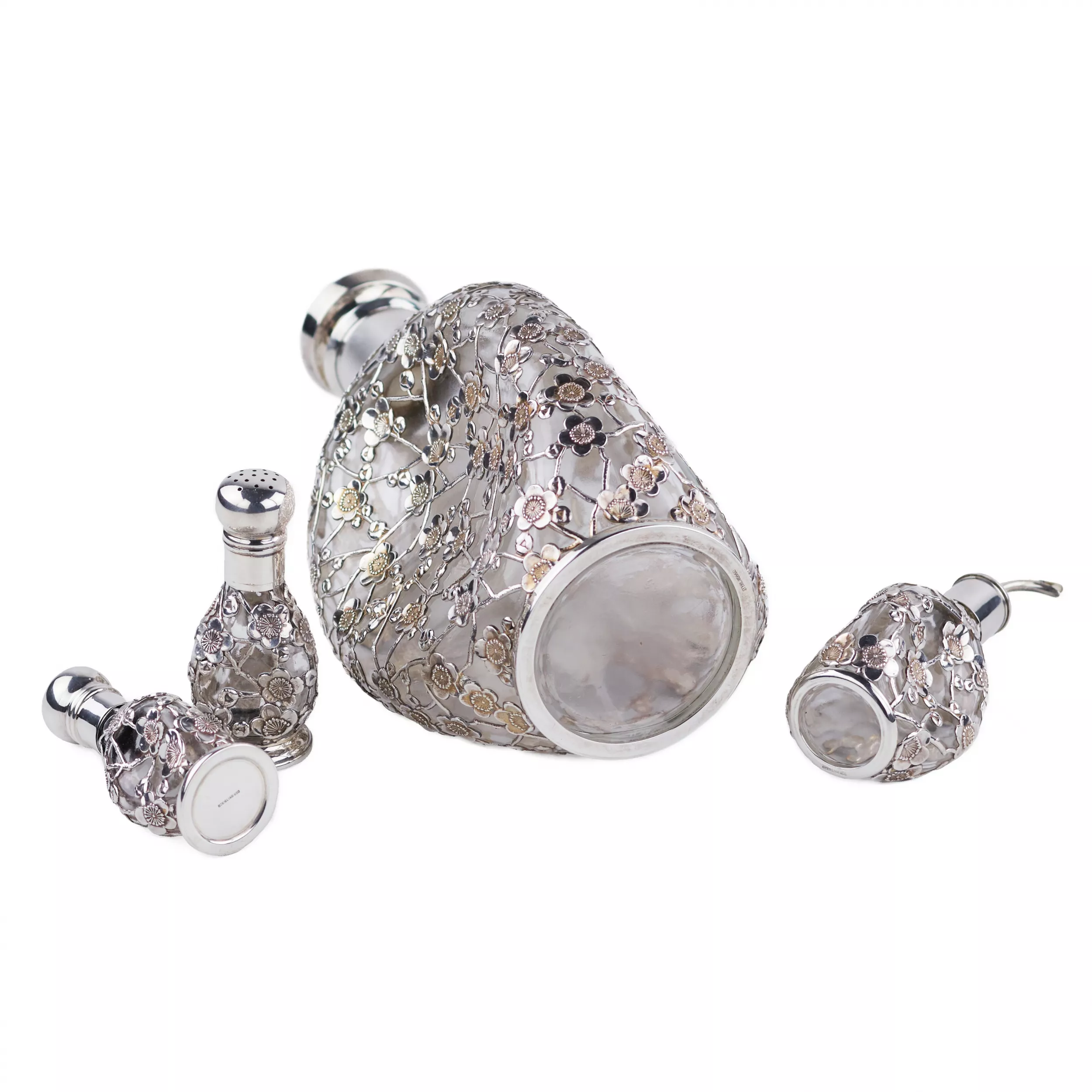 LIQUEUR SET WITH PIERCED STERLING SILVER OVERLAY  JAPAN, MID–20TH CENTURY