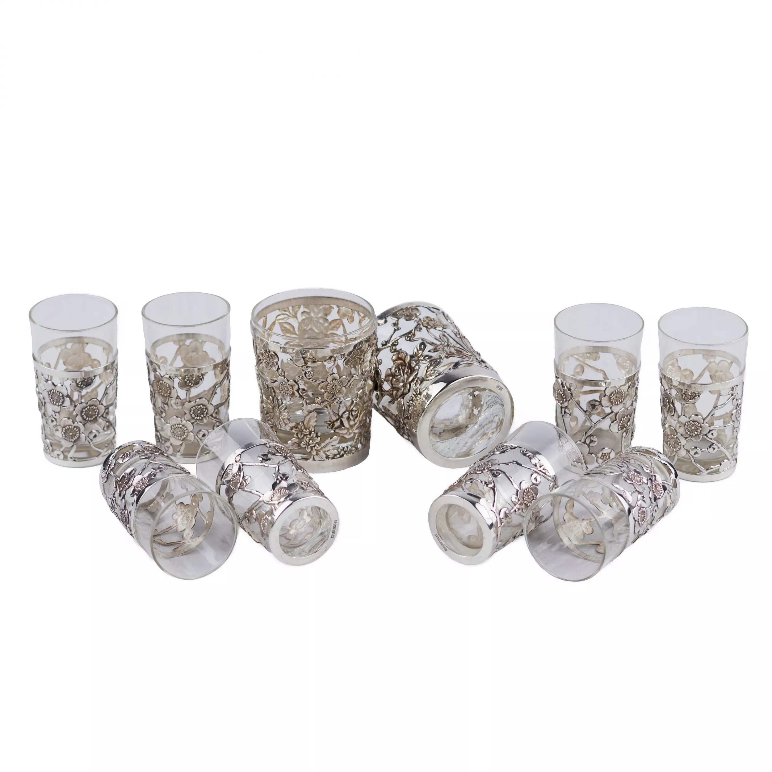 LIQUEUR SET WITH PIERCED STERLING SILVER OVERLAY  JAPAN, MID–20TH CENTURY