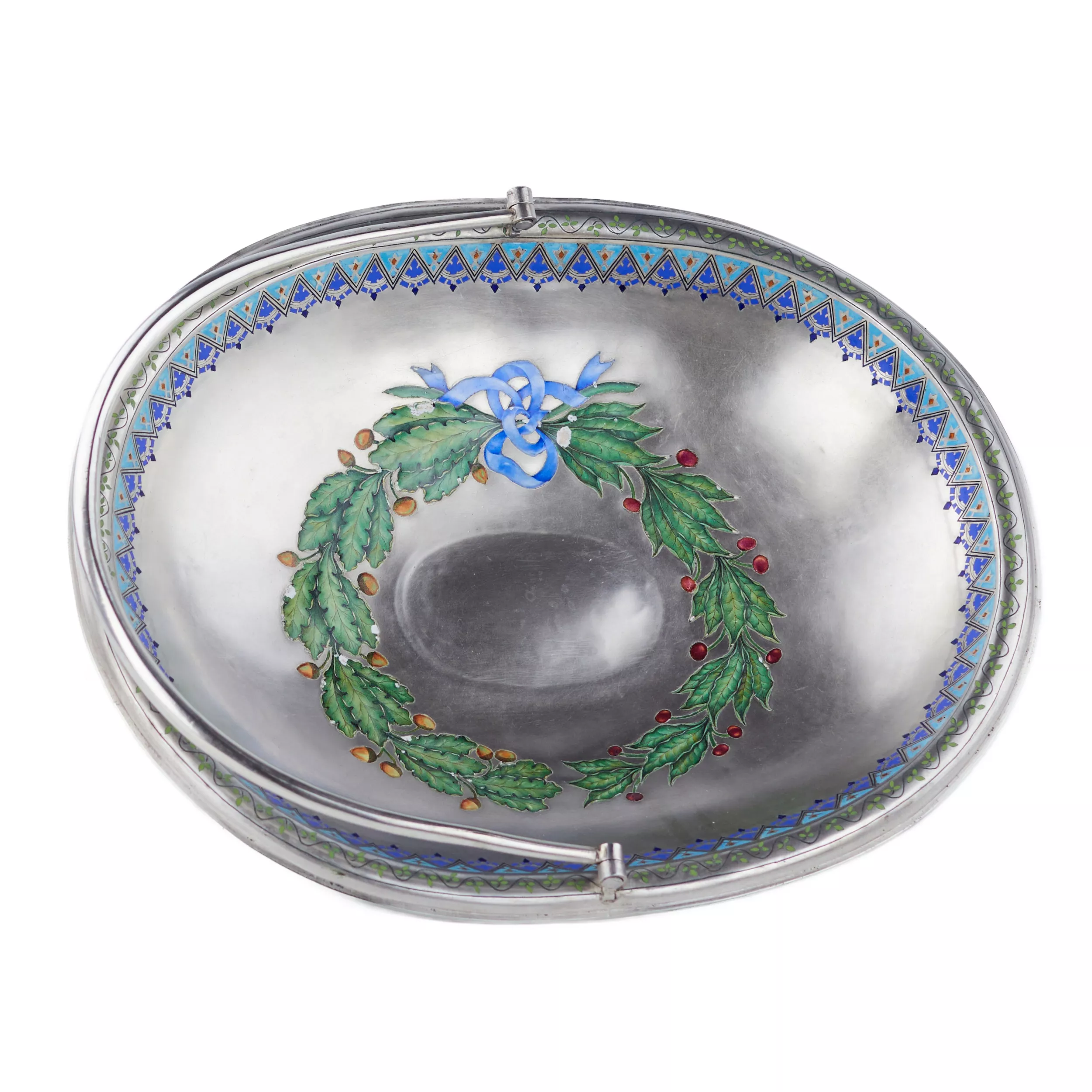 СЕРЕБРЯНАЯ КОНФЕТНИЦА С ЖИВОПИСНОЙ ЭМАЛЬЮ РОССИЯ, 1888 ГОД