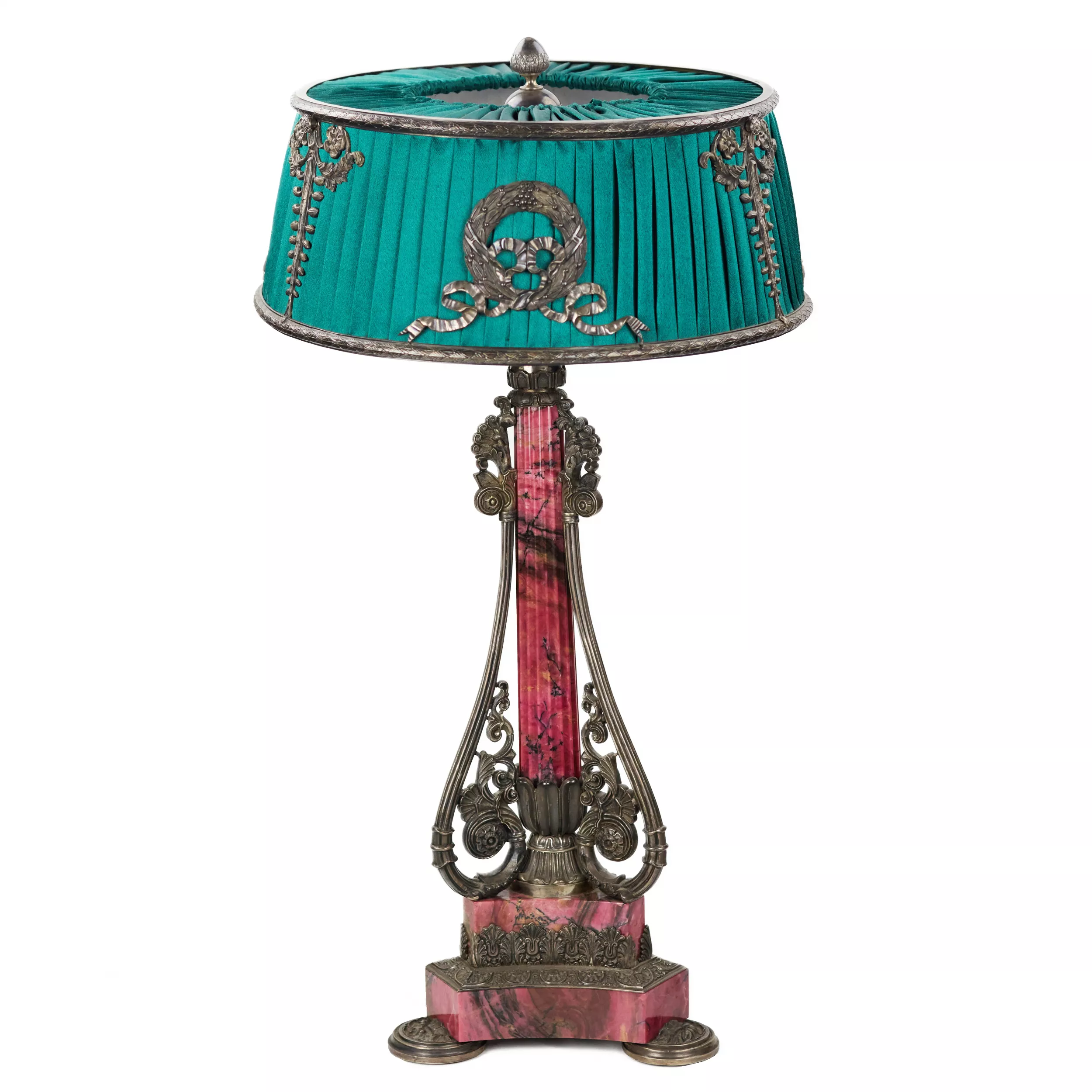 LARGE SILVER AND RHODONITE TABLE LAMP. WORKSHOP OF NEDMIROV-KOLODKIN. MOSCOW, CIRCA 1890