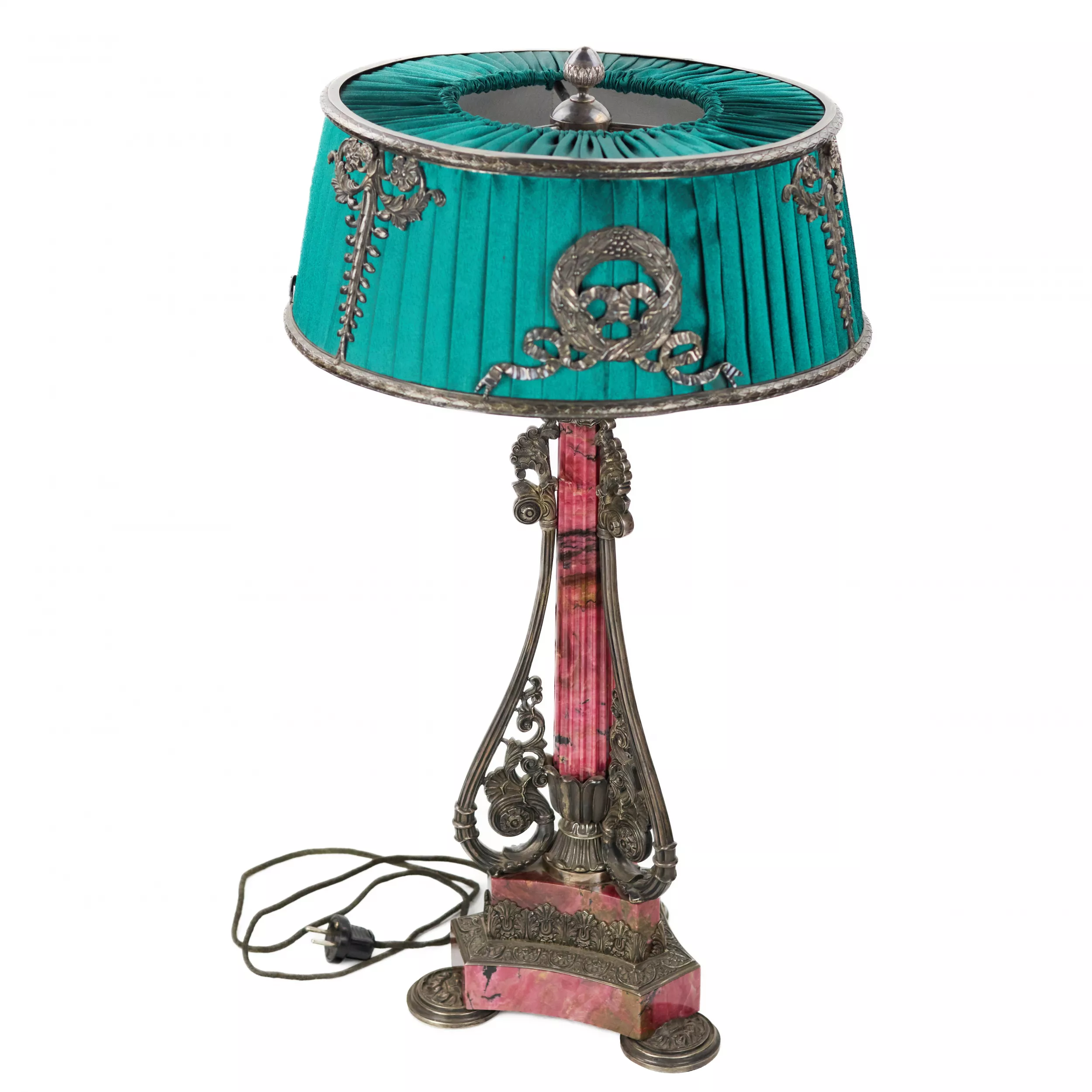 LARGE SILVER AND RHODONITE TABLE LAMP. WORKSHOP OF NEDMIROV-KOLODKIN. MOSCOW, CIRCA 1890