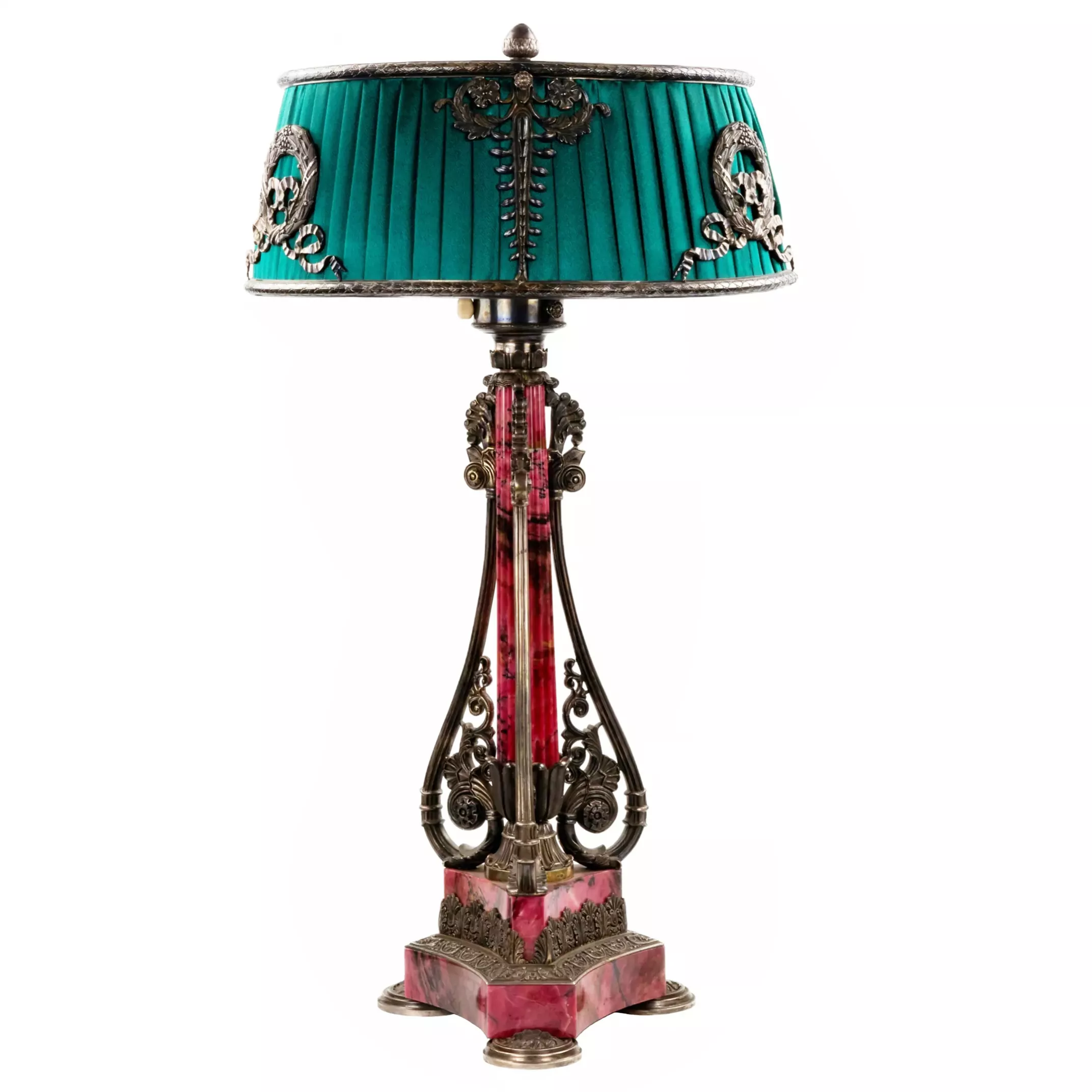 LARGE SILVER AND RHODONITE TABLE LAMP. WORKSHOP OF NEDMIROV-KOLODKIN. MOSCOW, CIRCA 1890