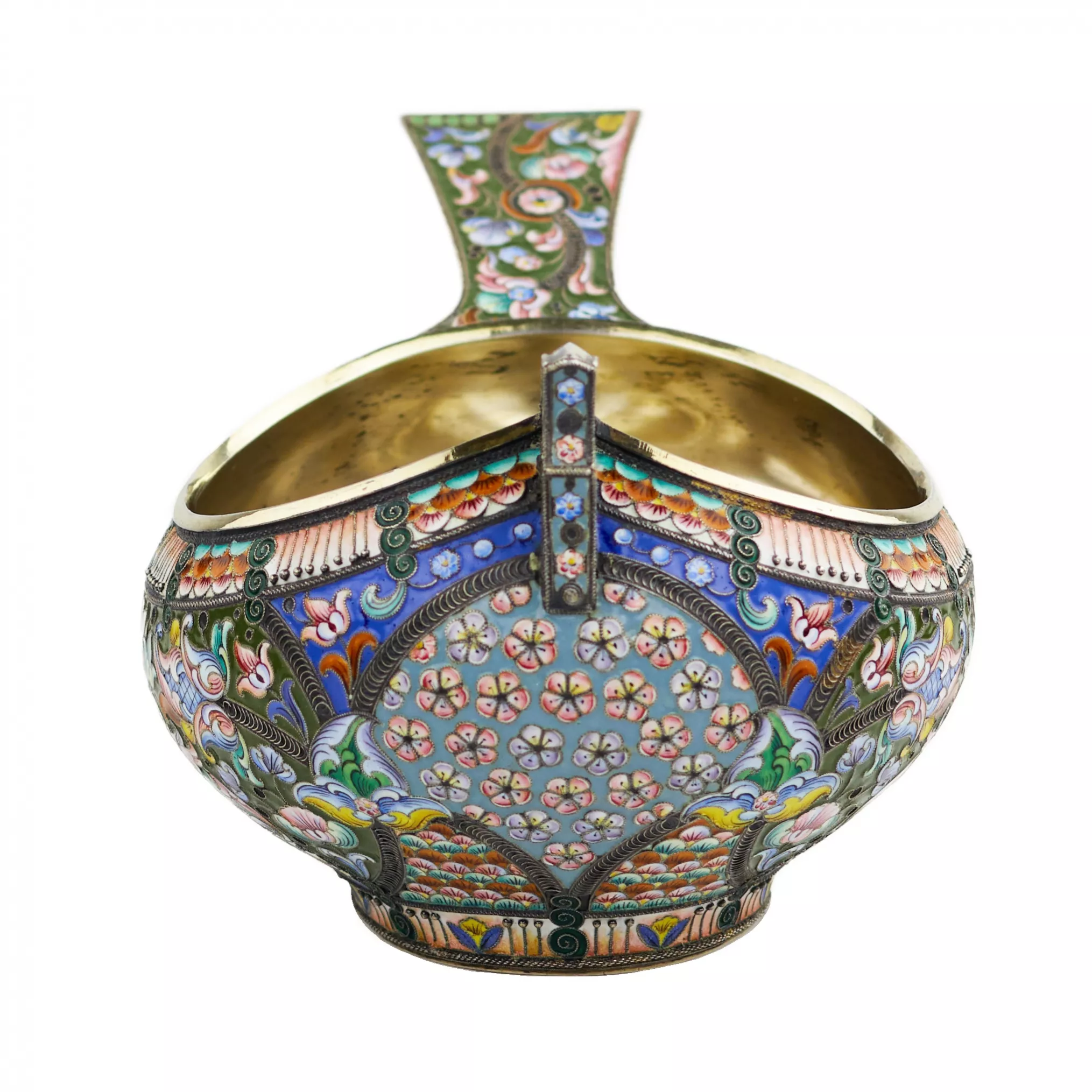 LARGE RUSSIAN SILVER KOVSH WITH CLOISONNÉ ENAMEL BY KONSTANTIN SKVORTSOV  RUSSIA, MOSCOW, 1908–1917