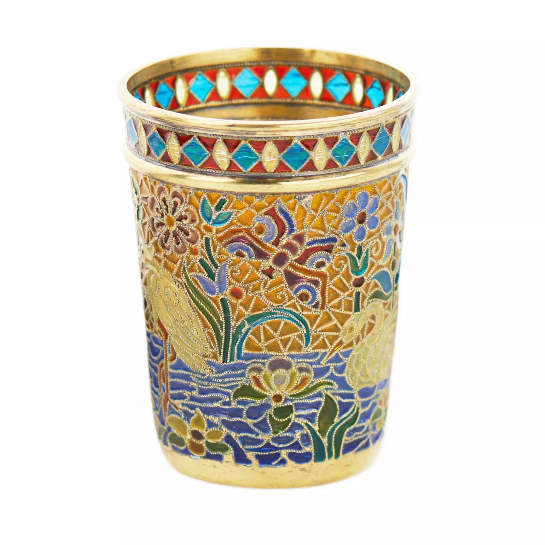SILVER SHOT CUP WITH POLYCHROME PLIQUE-À-JOUR ENAMEL. PAVEL OVCHINNIKOV WORKSHOP RUSSIA, MOSCOW, TURN OF THE 19TH–20TH CENTURIES