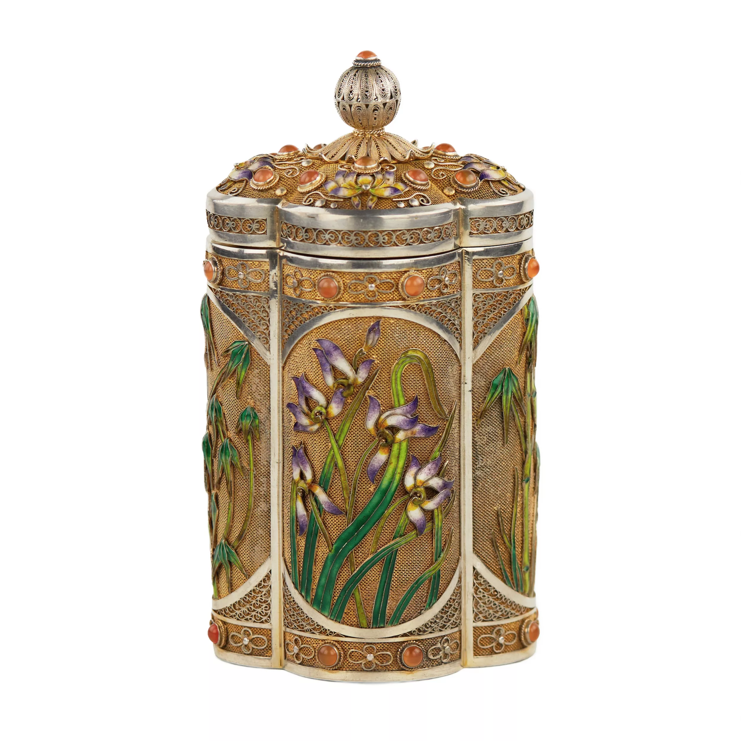 BOÎTE À THÉ EN ARGENT AVEC ÉMAILS ET CABOCHONS  CHINE, XXᵉ SIÈCLE