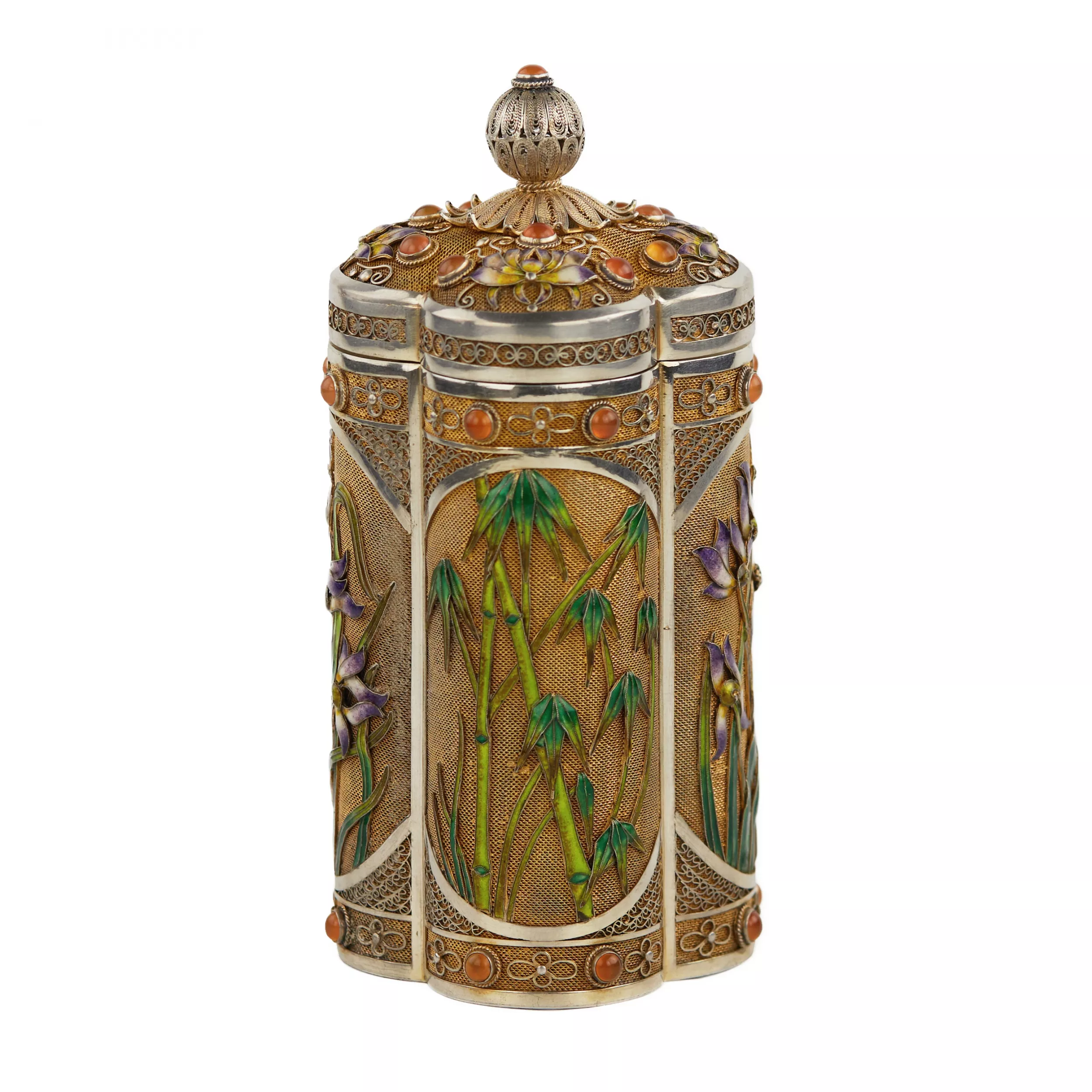 BOÎTE À THÉ EN ARGENT AVEC ÉMAILS ET CABOCHONS  CHINE, XXᵉ SIÈCLE