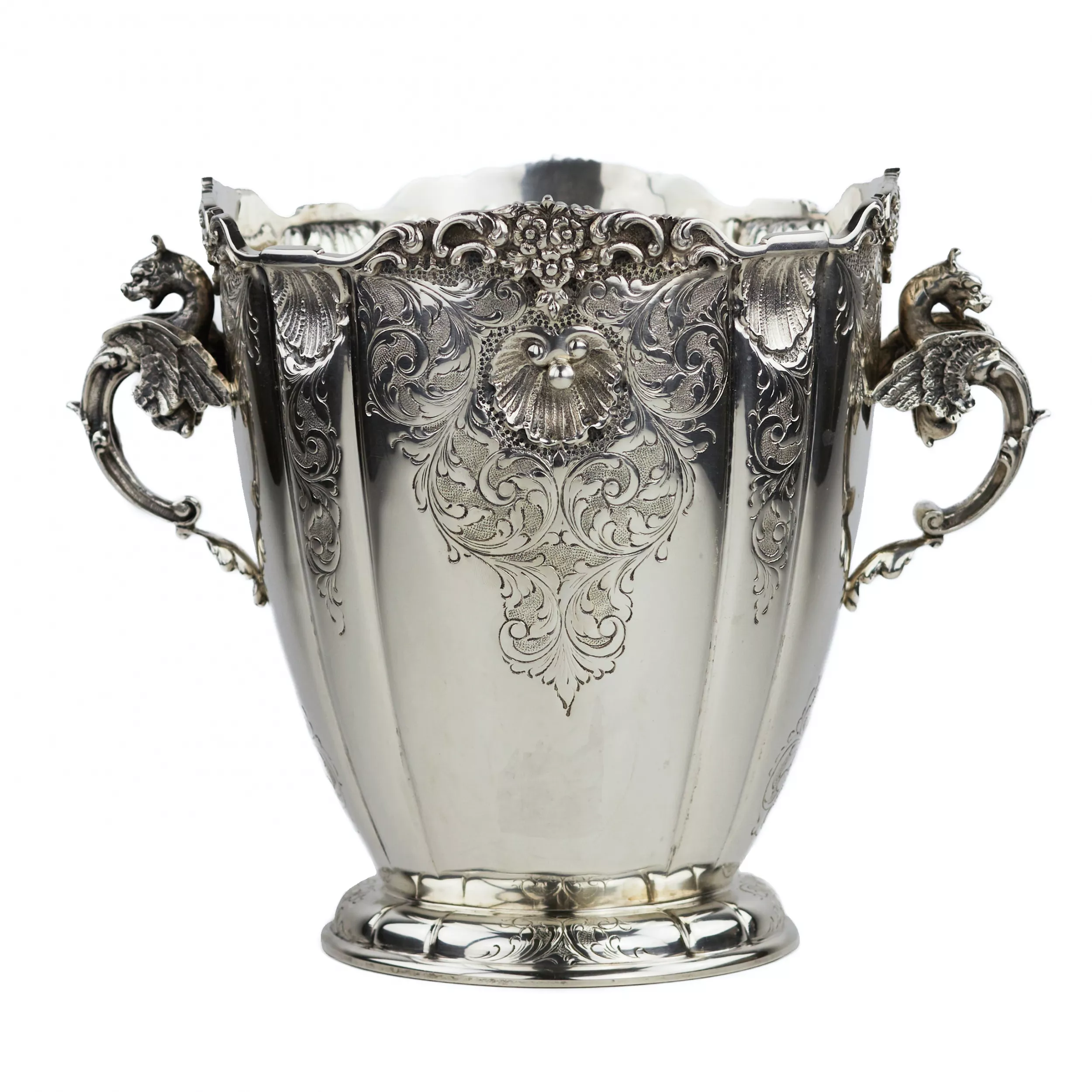 SILVER CHAMPAGNE COOLER WITH DRAGON HANDLES. EUROPE, LATE 19TH - EARLY 20TH CENTURY