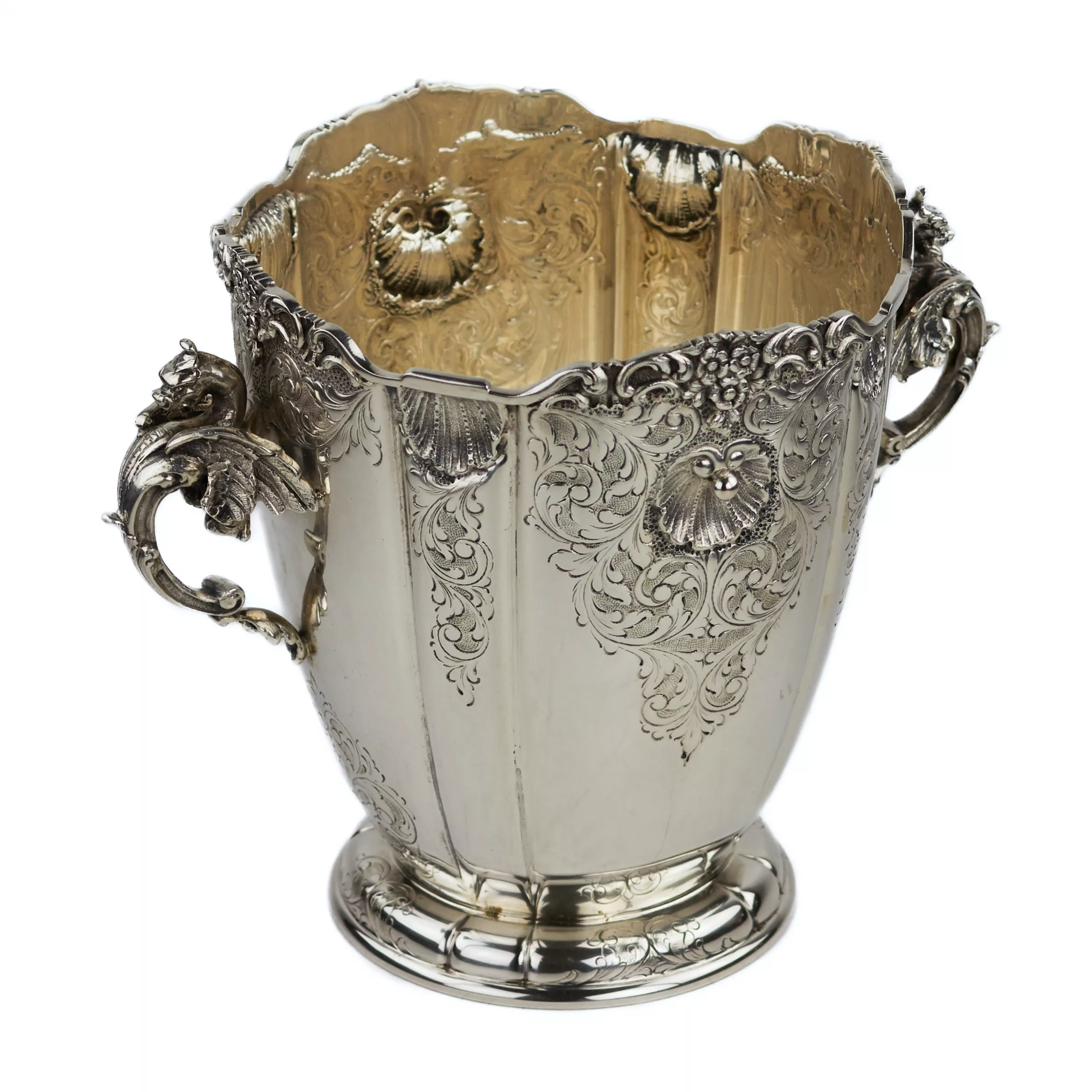 SILVER CHAMPAGNE COOLER WITH DRAGON HANDLES. EUROPE, LATE 19TH - EARLY 20TH CENTURY