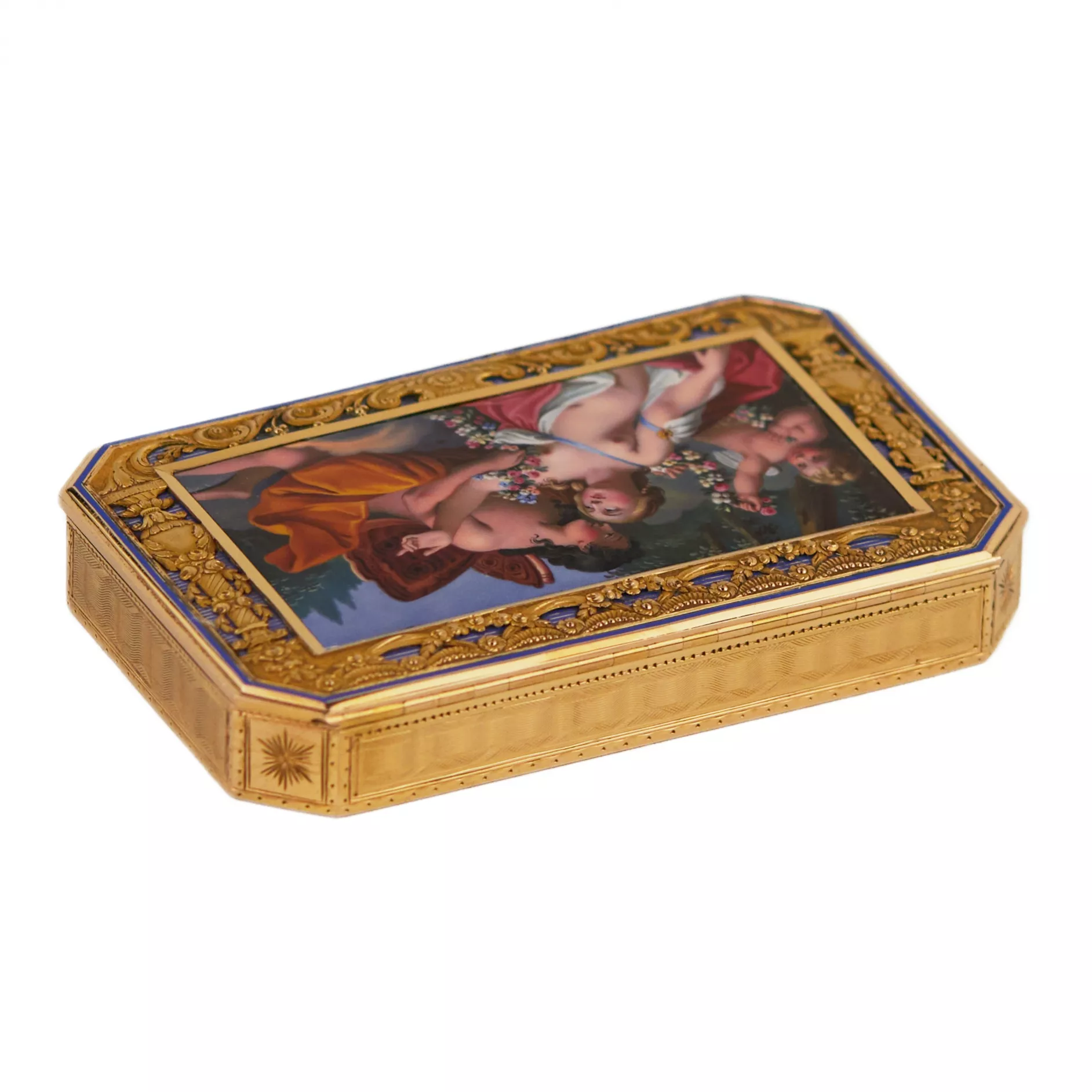 GOLD SNUFF BOX WITH AN ENAMEL MINIATURE OF “ARIADNE AND DIONYSUS”  ST PETERSBURG, RUSSIA, FIRST QUARTER OF THE 19TH CENTURY, CIRCA 1820