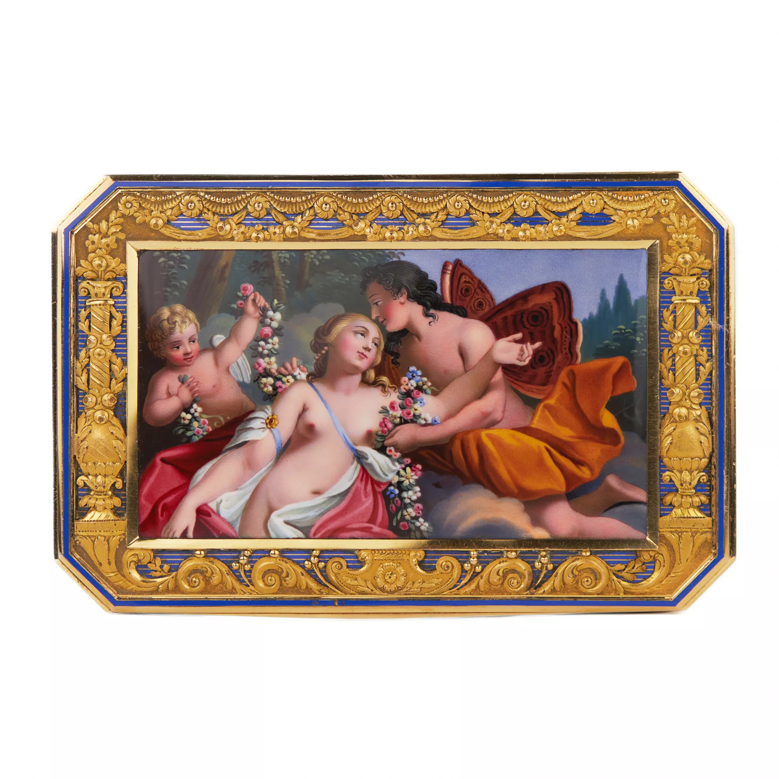 GOLD SNUFF BOX WITH AN ENAMEL MINIATURE OF “ARIADNE AND DIONYSUS”  ST PETERSBURG, RUSSIA, FIRST QUARTER OF THE 19TH CENTURY, CIRCA 1820