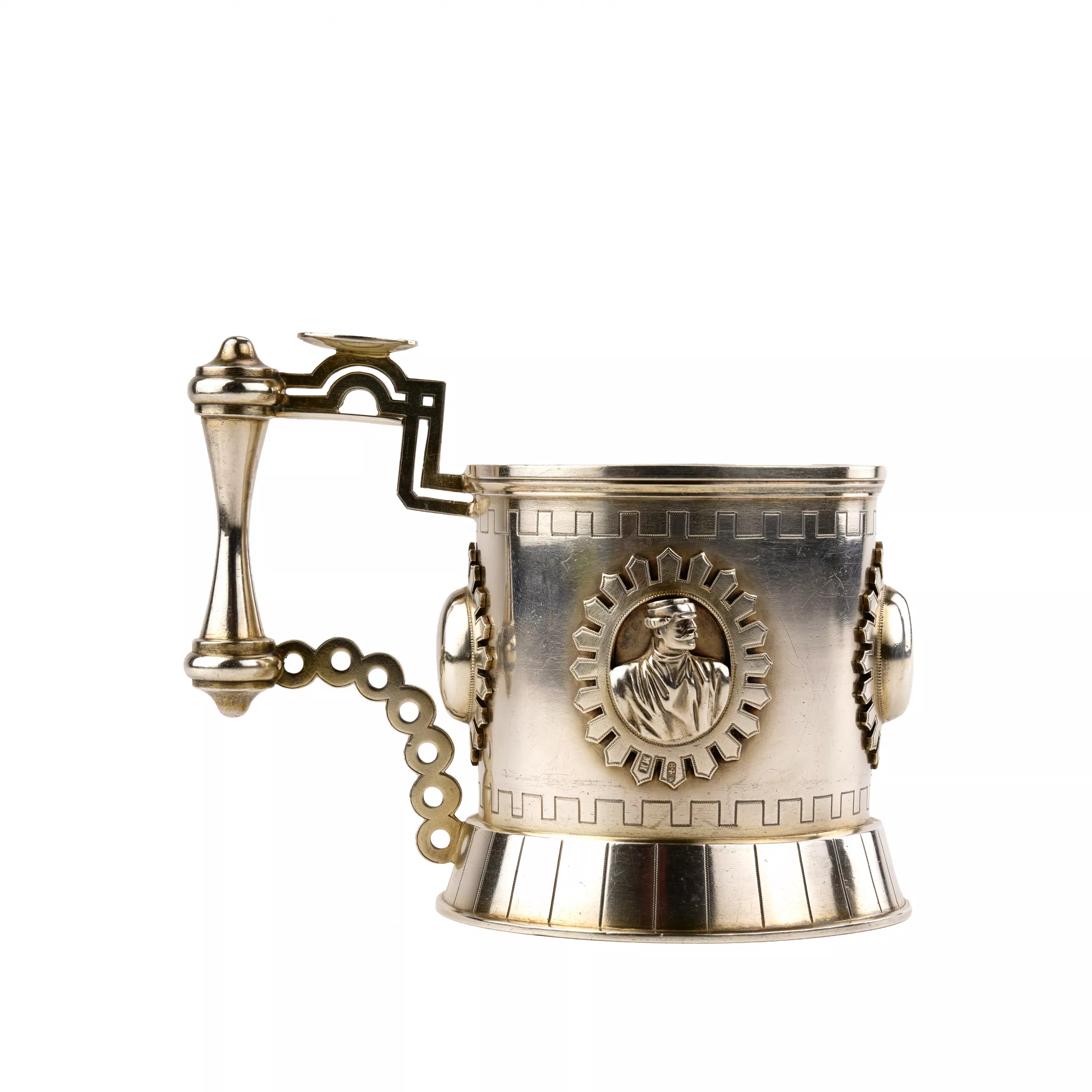 SILVER TEA GLASS HOLDER WITH RELIEF MEDALLIONS IN THE NEO-RUSSIAN STYLE. ST PETERSBURG, 1879