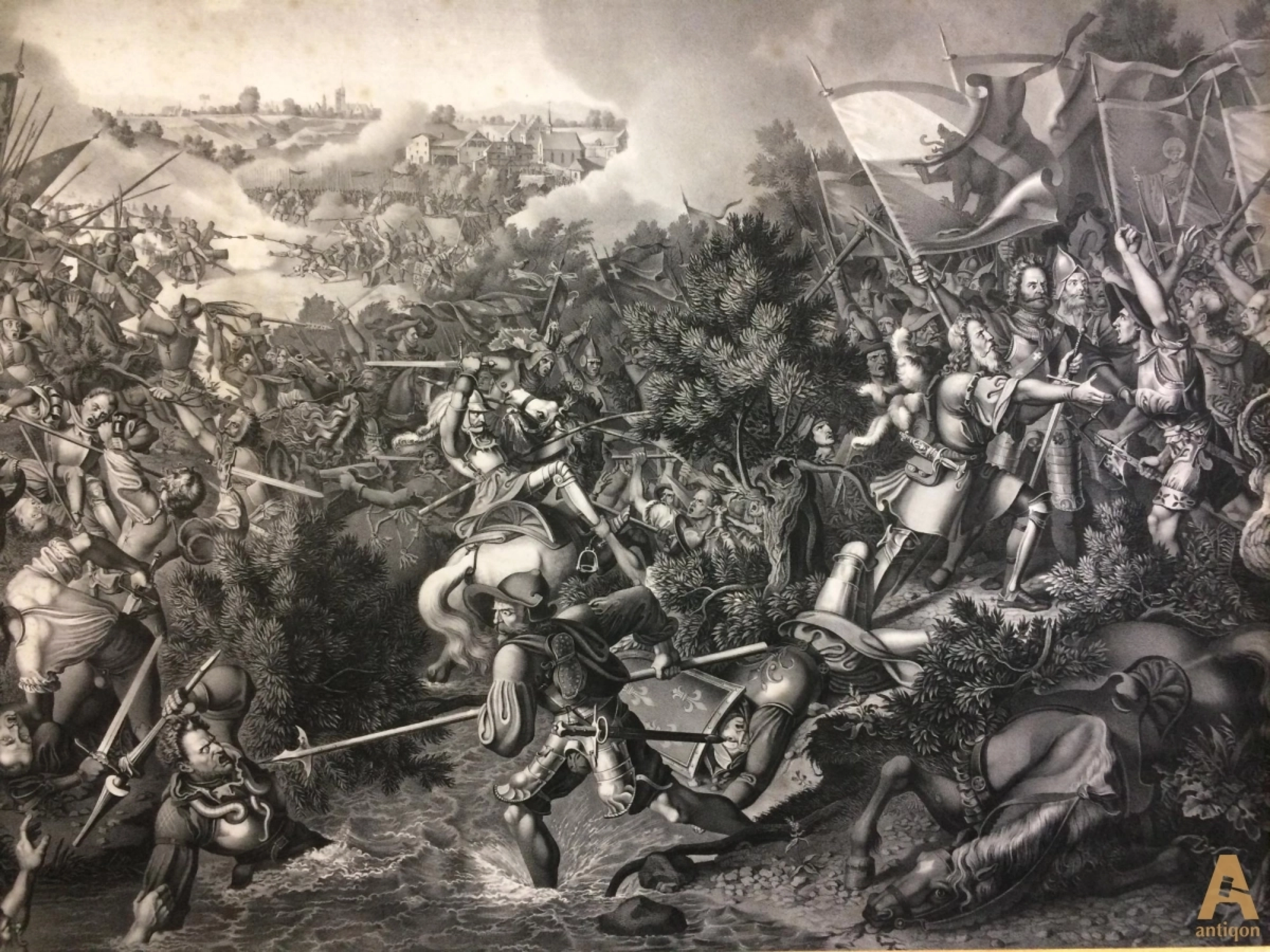 Grande gravure du 19ème siècle - une scène de bataille. 