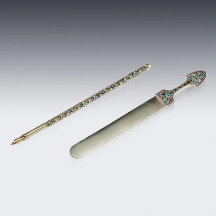 Russian silver-gilt enamel desk set