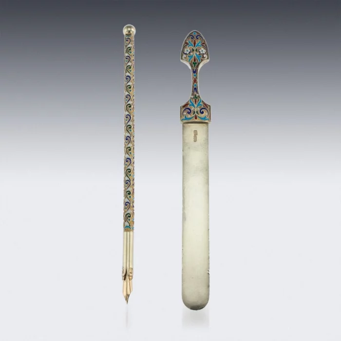 Russian silver-gilt enamel desk set