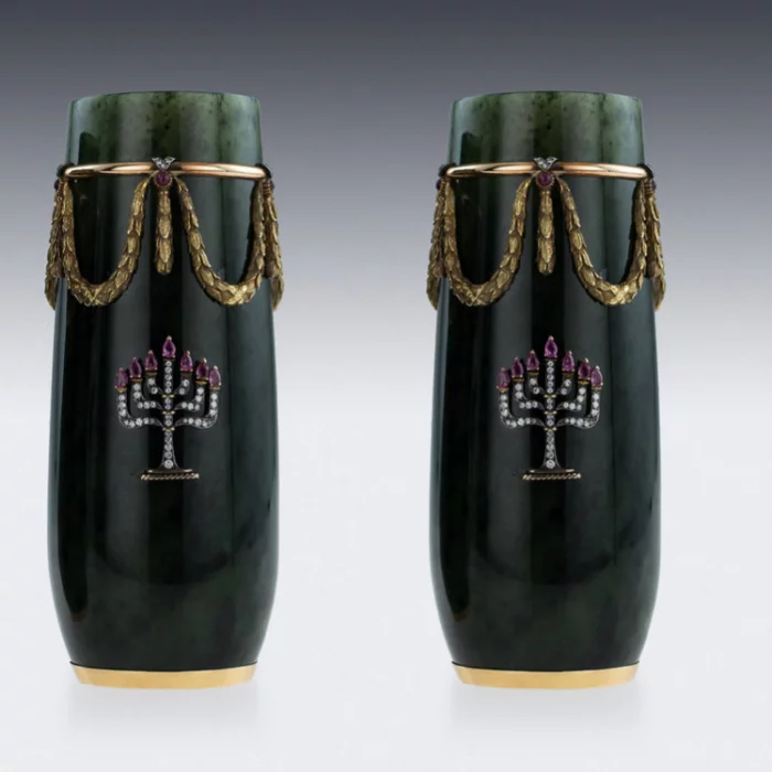 RUSSIAN STYLE 18K GOLD, NEPHRITE, DIAMONDS, RUBIES, VASES