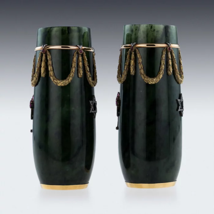 RUSSIAN STYLE 18K GOLD, NEPHRITE, DIAMONDS, RUBIES, VASES